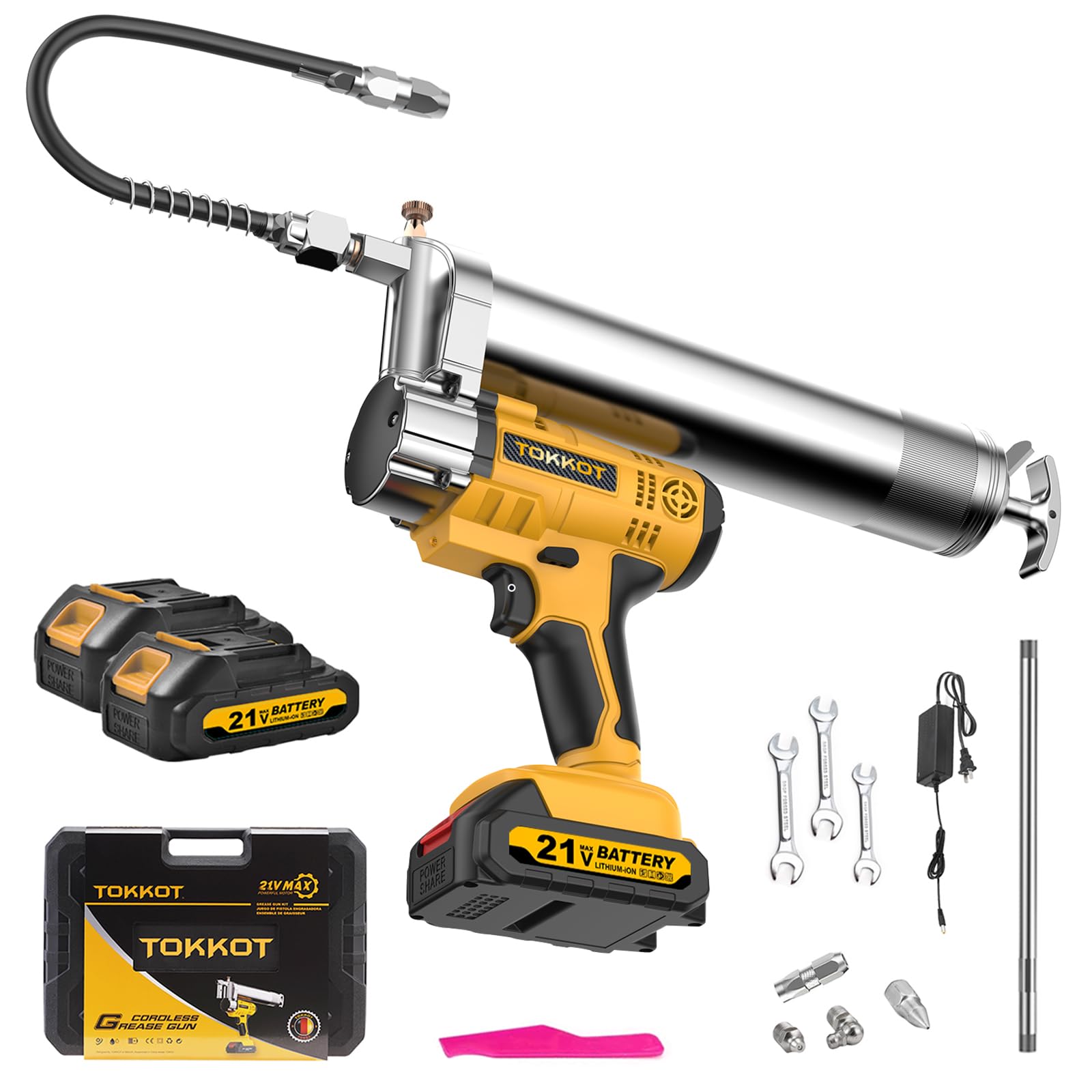 TOKKOT Electric Grease Gun–10,000 PSI Cordless Grease Gun Kit with 2 Batteries,21” Flexible Hose, Variable Speed Trigger & LED Light–Compatible with