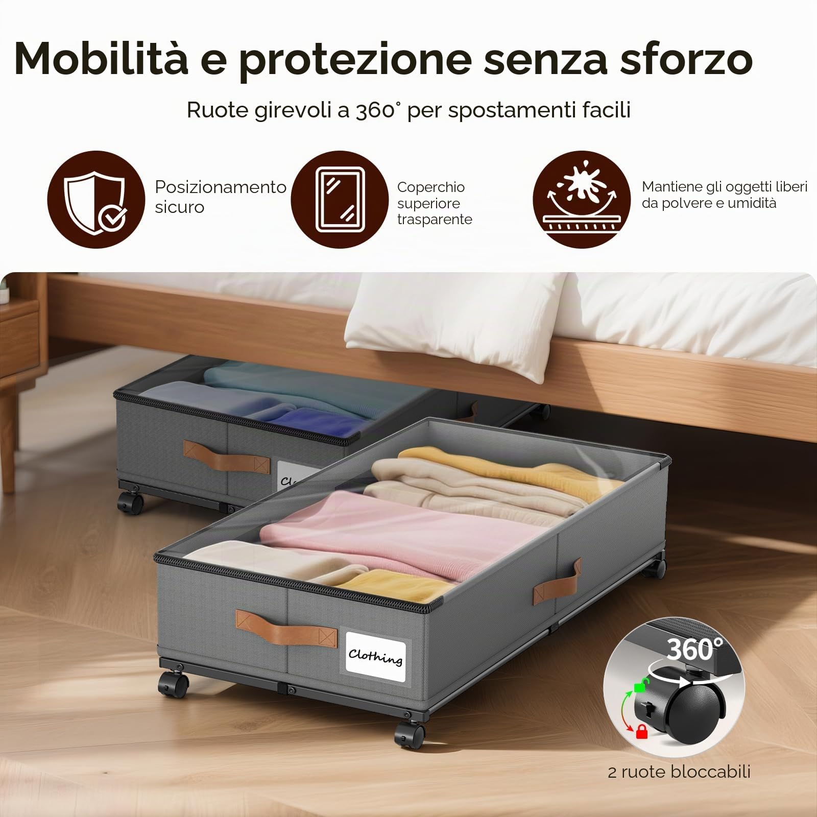 2 Pezzi Scatola per Archiviazione Sotto Letto 48L 78×42×17cm Cassetto Sotto Letto con Ruote Rotazione 360°, Scatola per Archiviazione Sotto Letto con Coperchio in PVC, Scatola per