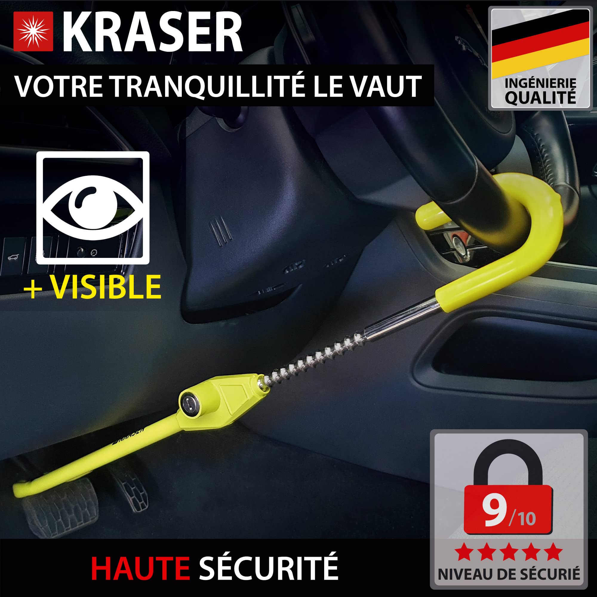 KRASER KR835 Antivol Voiture Volant Pédale, Canne Jaune Haute Visibilité, Verrouillage Sécurité en Acier, Crochet Réglable Plus Extensible, Barre Bloque Volant Universel pour Auto Camping Car Fourgon