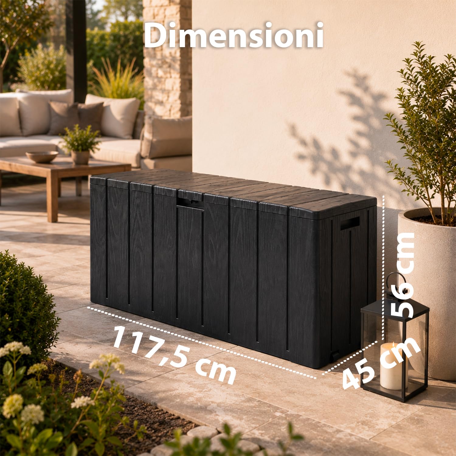 Baule Multiuso da Esterno e Interno 270 Litri in Resina Effetto Legno — Cassapanca Contenitore con Seduta, Antracite, per Giardino, Terrazzo e Casa
