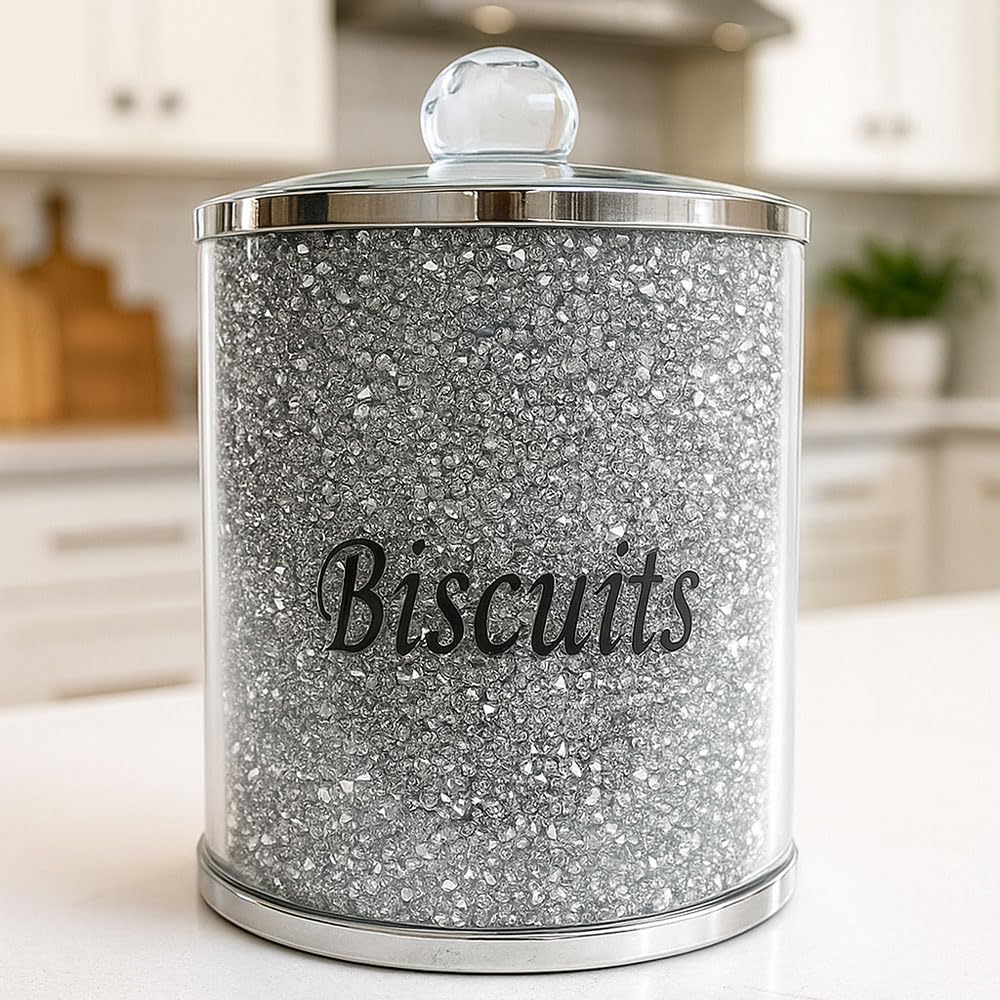 BML Silver Diamond Crushed Biscuit Canister Jar | Sparkle Kitchen Jar Storage Box Canister Crushed Diamond Display | Silver Trimmings Crystal Filled For Home โ image 1