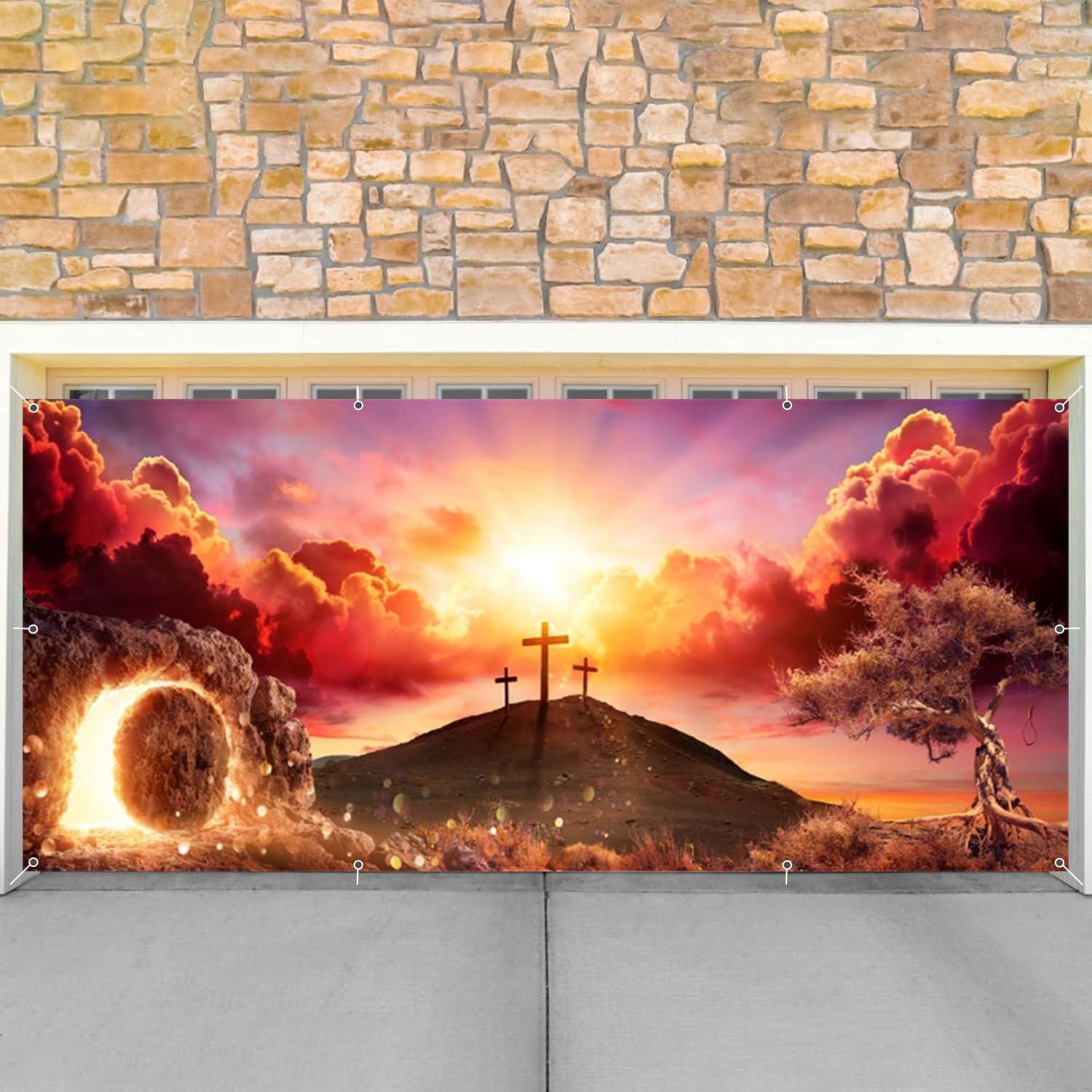 Easter Garage Door Decorations Cover Banner,Jesus Cross He is Risen Garage Door Cover Backdrop,Mountaintop Sunrise Holy Light 2 Car Garage Door Banner for Religious Outdoor Holiday Decorations 6x13ft