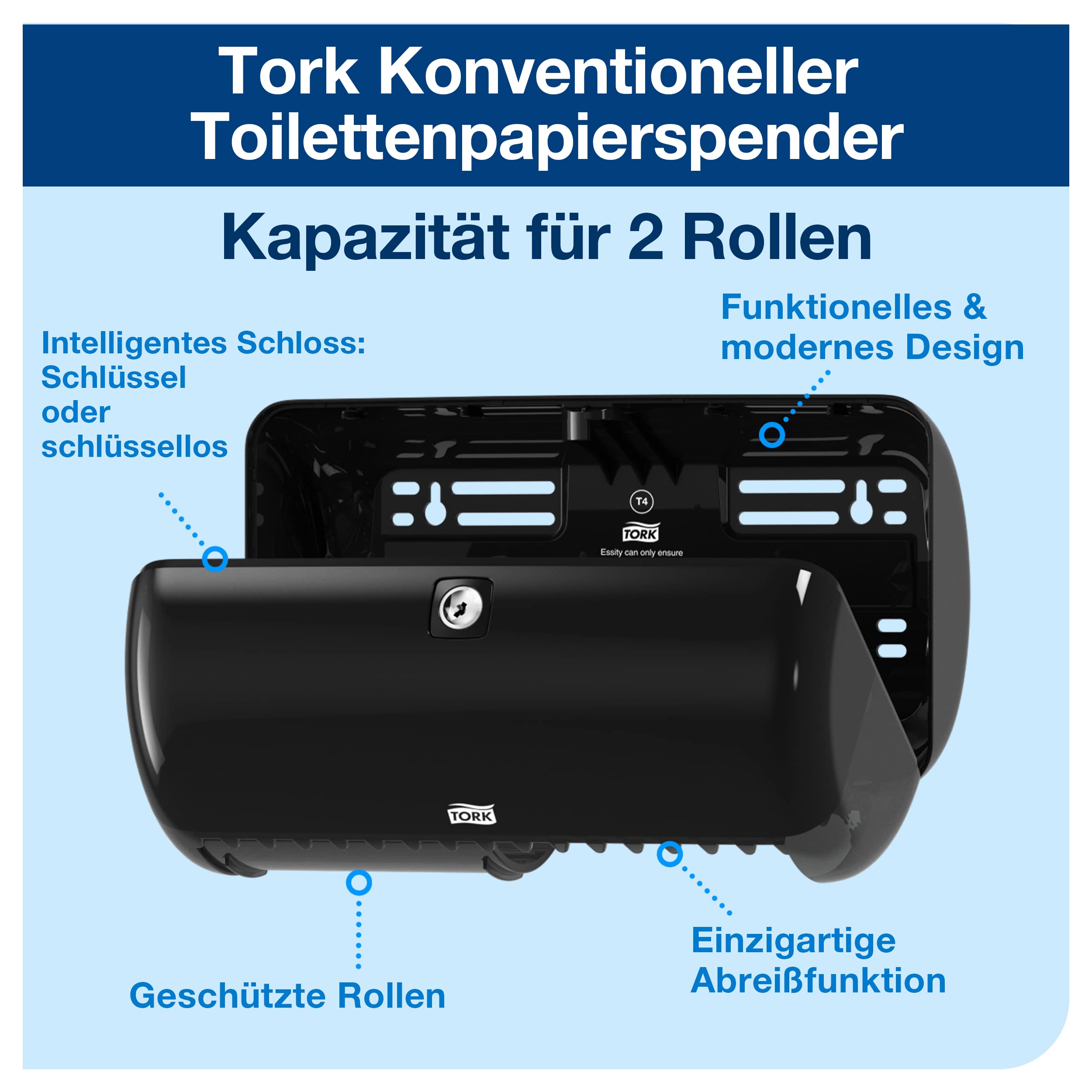 Tork 557008 Spender für Kleinrollen Toilettenpapier T4 in Schwarz / Hygienischer Papierspender für Toiletten im Elevation Design