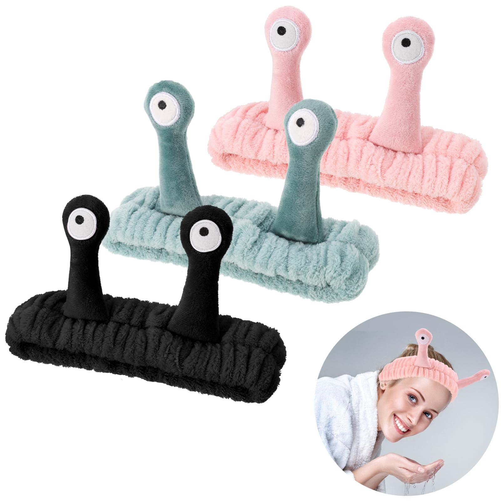 3 PCS Face Wash Headband Palm and Snail Makeup Headbands Women Elastic Hair Accessories for Washing Face Shower Sports Beauty Skincare, Black, Green