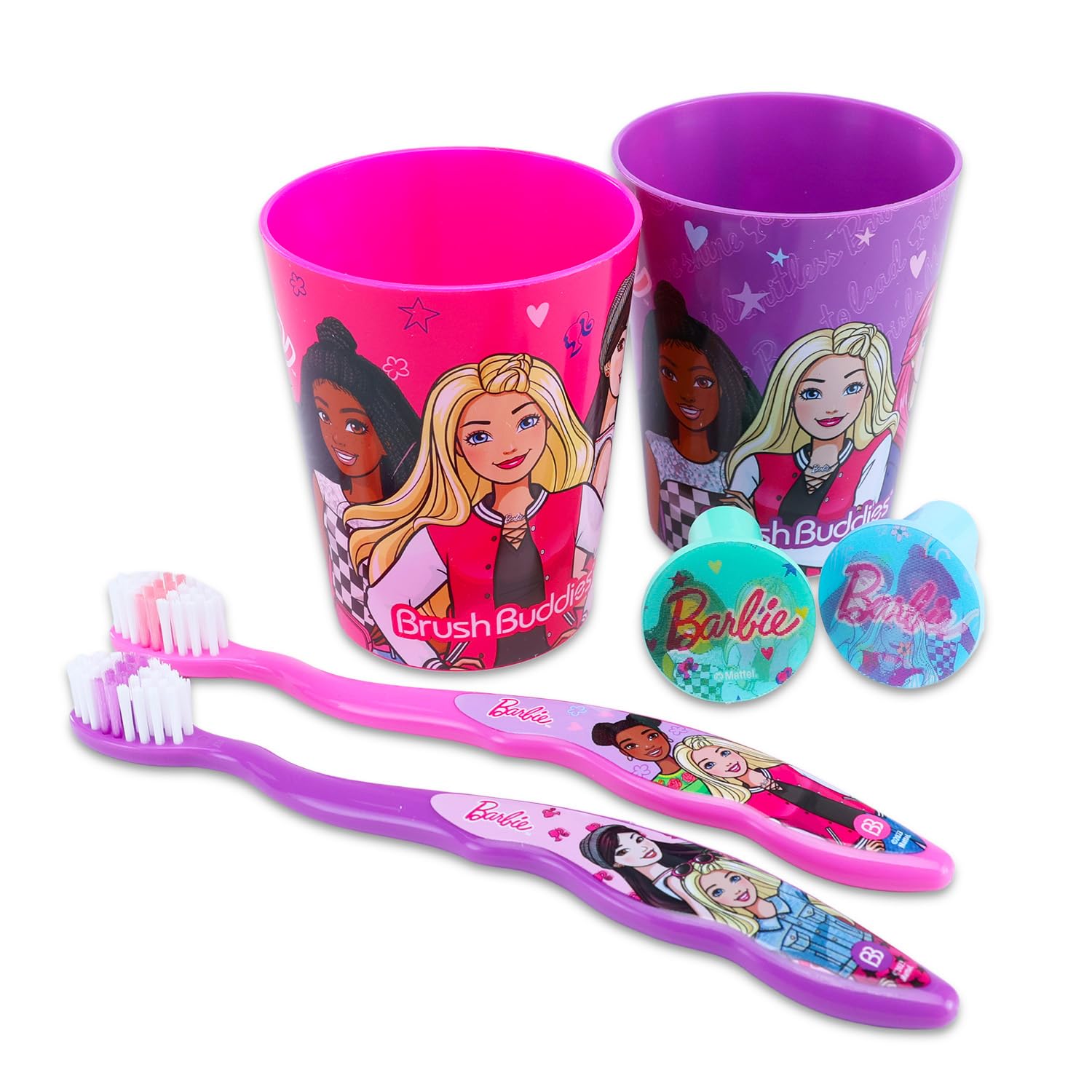 Barbie Spazzolino da denti e tazza per bambini, confezione da 6 pezzi con 2 spazzolini da denti, 2 tazze, adesivi, altro per ragazze e bambini piccoli | Set di spazzolini Barbie (gli stili possono