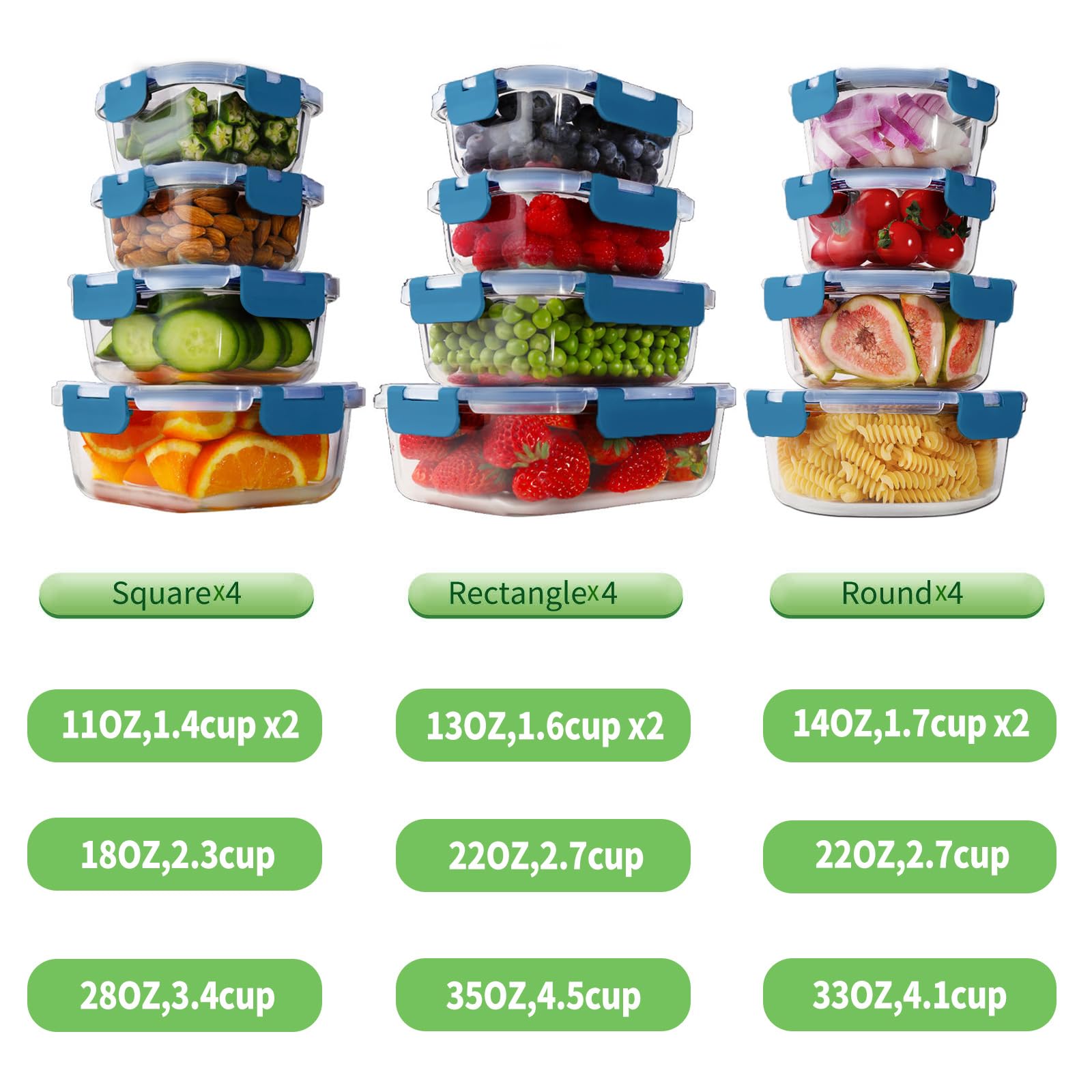HOMBERKING Set di 12 contenitori per alimenti in vetro con coperchi, contenitori in vetro per la preparazione dei pasti, scatole bento ermetiche in vetro, senza BPA e a prova di perdite, per dispensa
