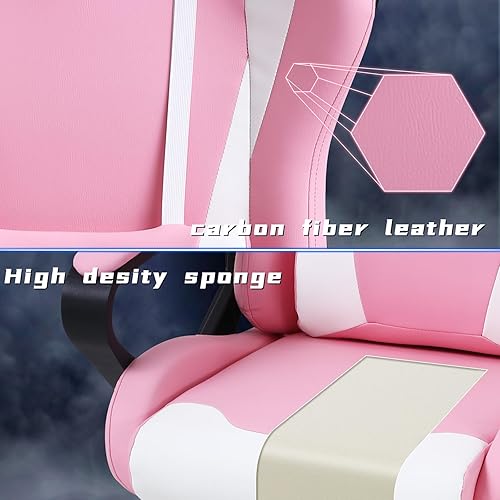 Miniatura 6 de Silla de juegos rosa, sillas ergonómicas de videojuegos de respaldo alto estilo carreras con soporte lumbar, reposacabezas y brazos, silla de juegos