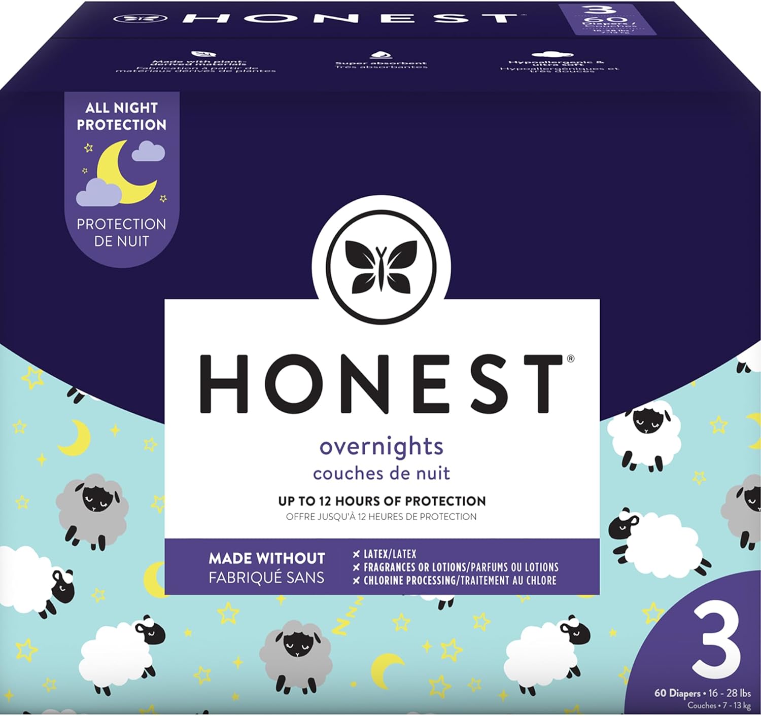 The Honest Company Comfort Dry Disposable Overnight Diapers Plant-Based Sustainable Sleepy Sheep Club Box Size 4 22-37 lbs 54 Count