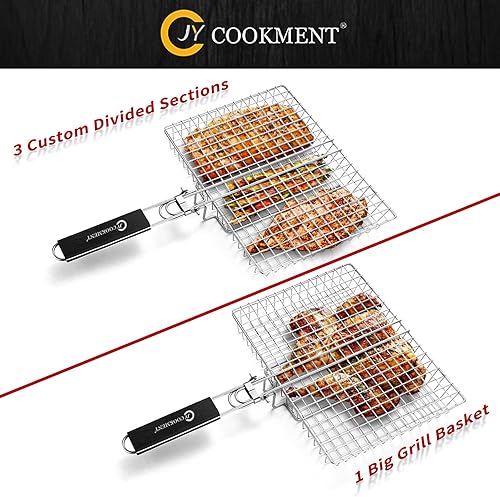 Vista 4 de JY COOKMENT Cesta de parrilla de acero inoxidable con mango extraíble portátil, cesta de parrilla, accesorios para verduras, camarones, pescado
