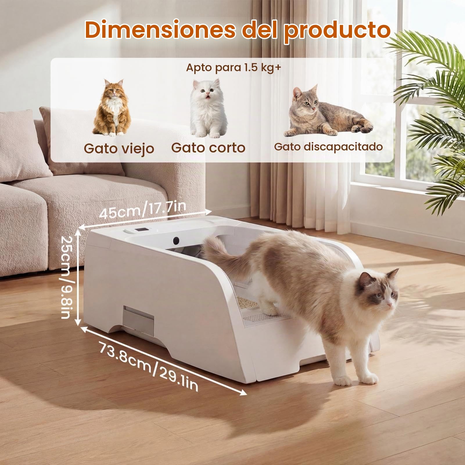 Arenero Automático para Gatos Autolimpiable 5 L con App – Control de Olor y Luz UV, Diseño Abierto para Gatos Grandes y Varias Mascotas, Bandeja Inferior Antifugas