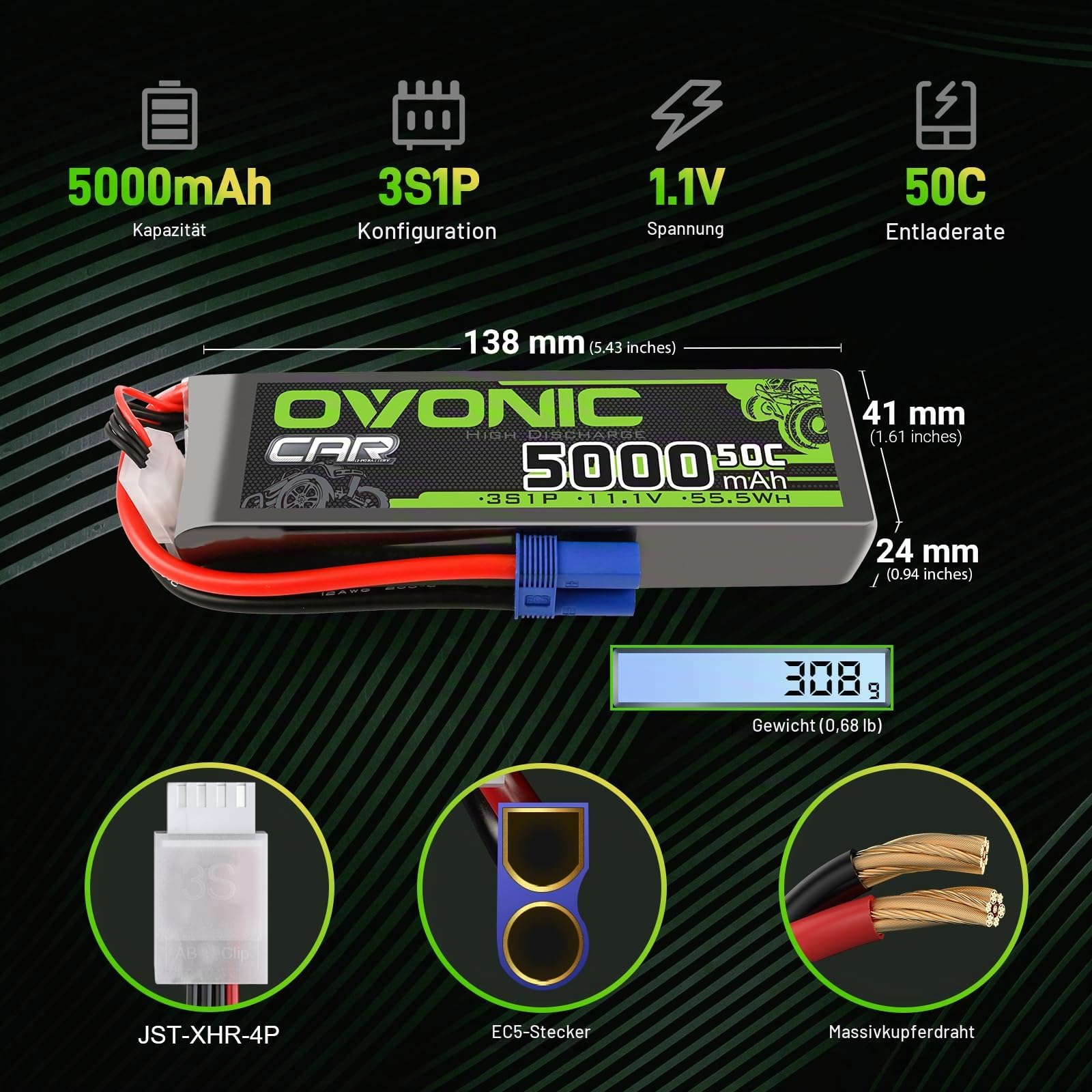 OVONIC 3S Lipo Akku 11.1V 5000mAh 50C mit EC5 Stecker Zellen für 1/8 und 1/10 RC Auto FPV UAV RC Boot Flugzeug Helikopter Multirotor