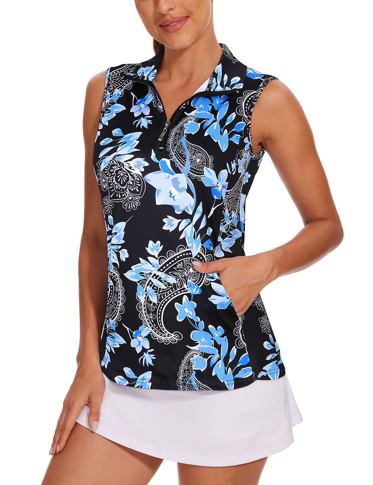 Tanst Sky Womens Sleeveless Golf Shirt Zip Up Workout Tops with Pockets