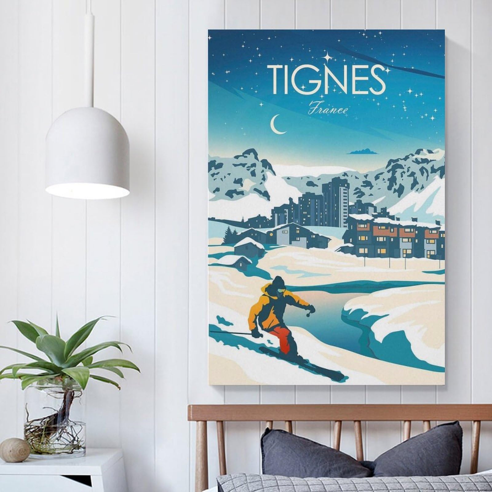 FUPMTKLT Poster su tela, motivo: Ski Tignes France Skiers, decorazione per camera da letto, ufficio, camera da letto, regalo, 60 x 90 cm
