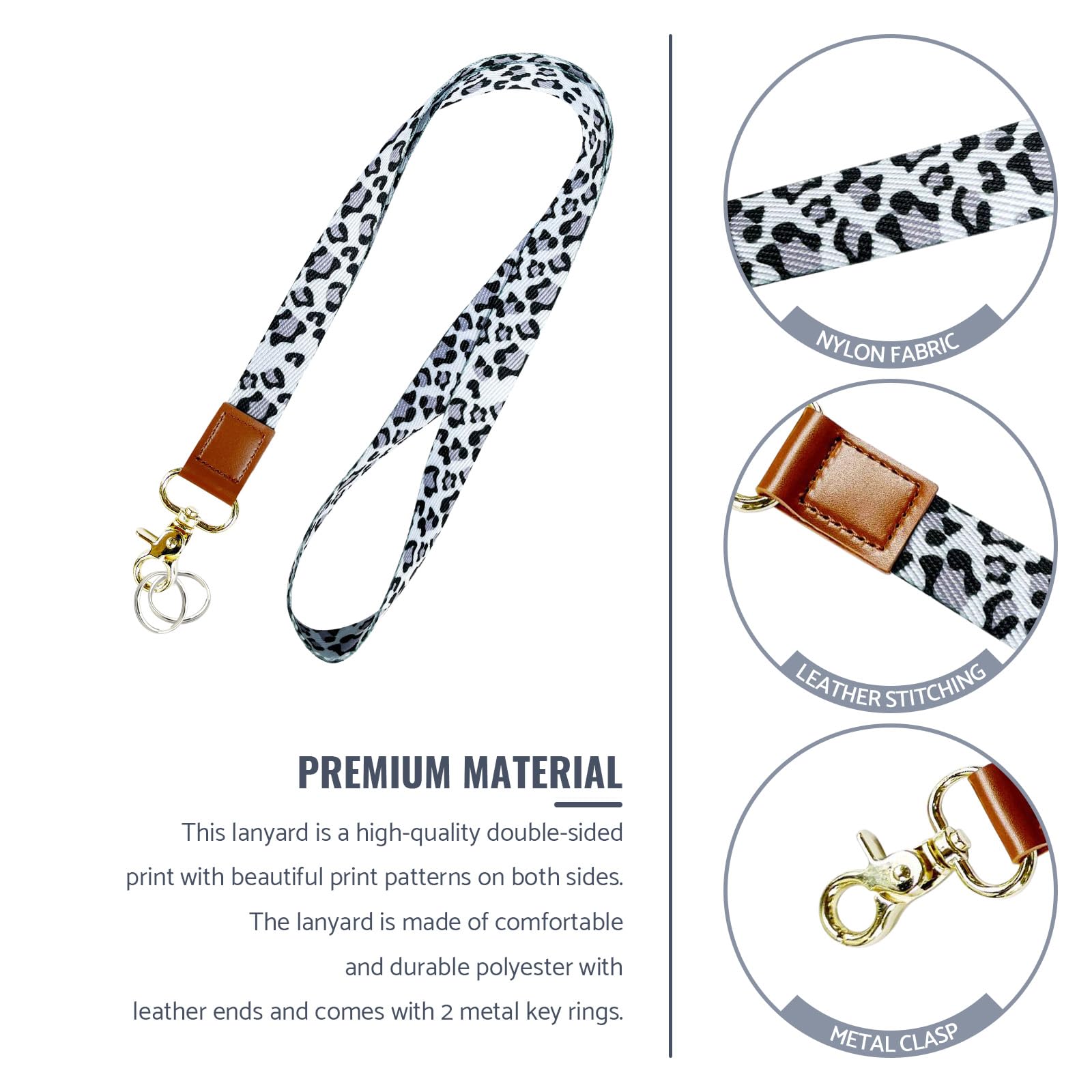 PAITOK Neck Lanyard & Wrist Lanyard Strap Set including Metal Clasp Personalised Lanyard with Two Metal Key Rings for ID Badge Holder Keys Charms(Black and Gray Leopard Print) - Image 3