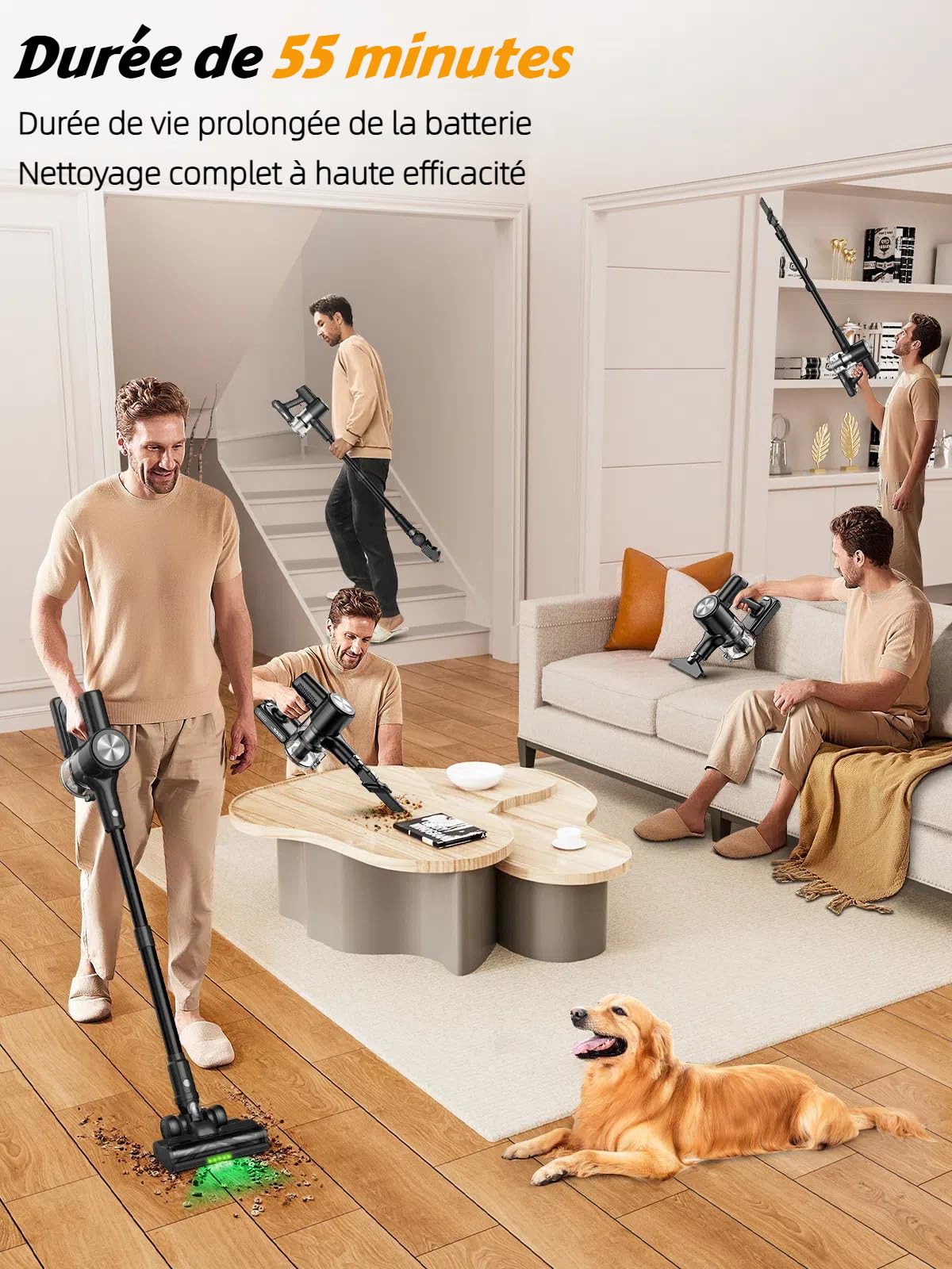 Aspirateur Balai Sans Fil 48kPa 500W – 55 Min D'Autonomie, Brosse Anti-Enchevêtrement, LED, Recharge Murale, Idéal Poils Animaux Et Noël