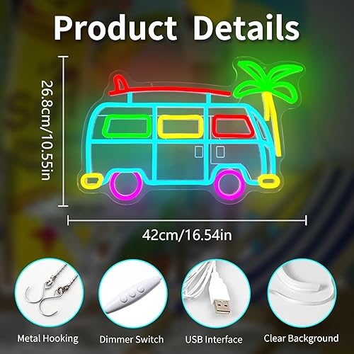Miniatura 4 de Letrero LED de neón de surf Van para campamento, regulable, retro, autobús, luces de neón, para viajes, autobús, decoración de pared, decoración de