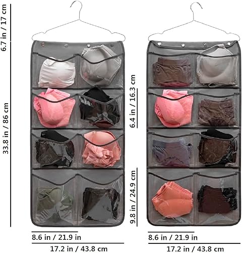 Miniatura 7 de Organizador de armario colgante de doble cara, calcetines duraderos, calcetines, ropa, brasier, bolsa de almacenamiento con 16 bolsillos grandes