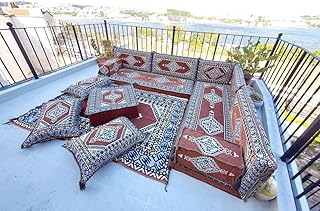 Brown Floor Sofa Seating Set, Arabic Floor Sofa Set, Garden Sofas, Oriental Floor Seating, Floor Cushions, Floor Cocuhes, Arabic Majlis (L Sofas + Rug + Ottoman)