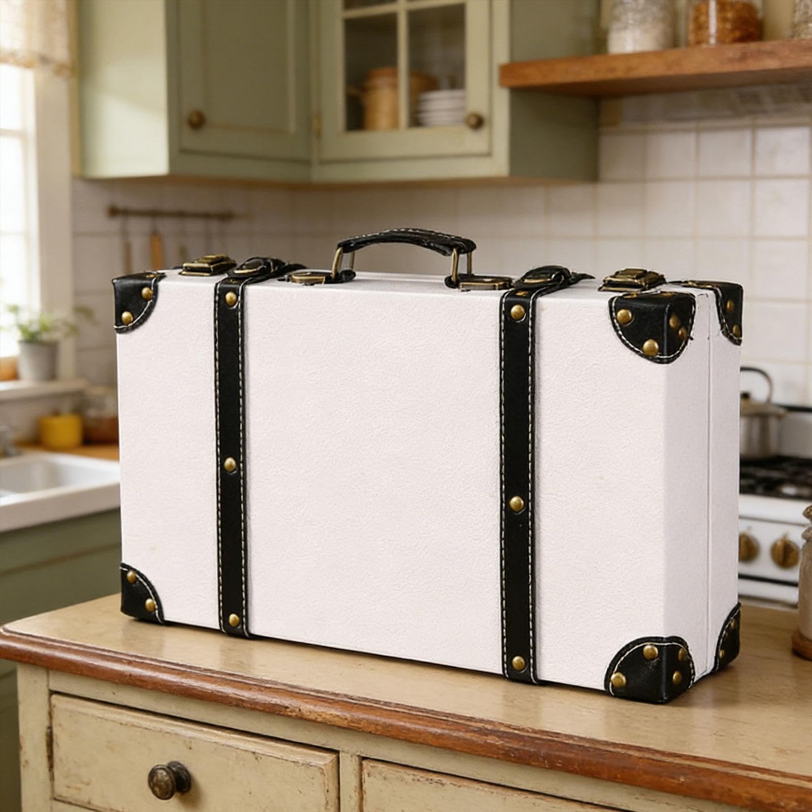 Valigia antica decorativa, scatola portaoggetti portatile, collezione antica, valigia per decorazioni per feste di compleanno, Bianco