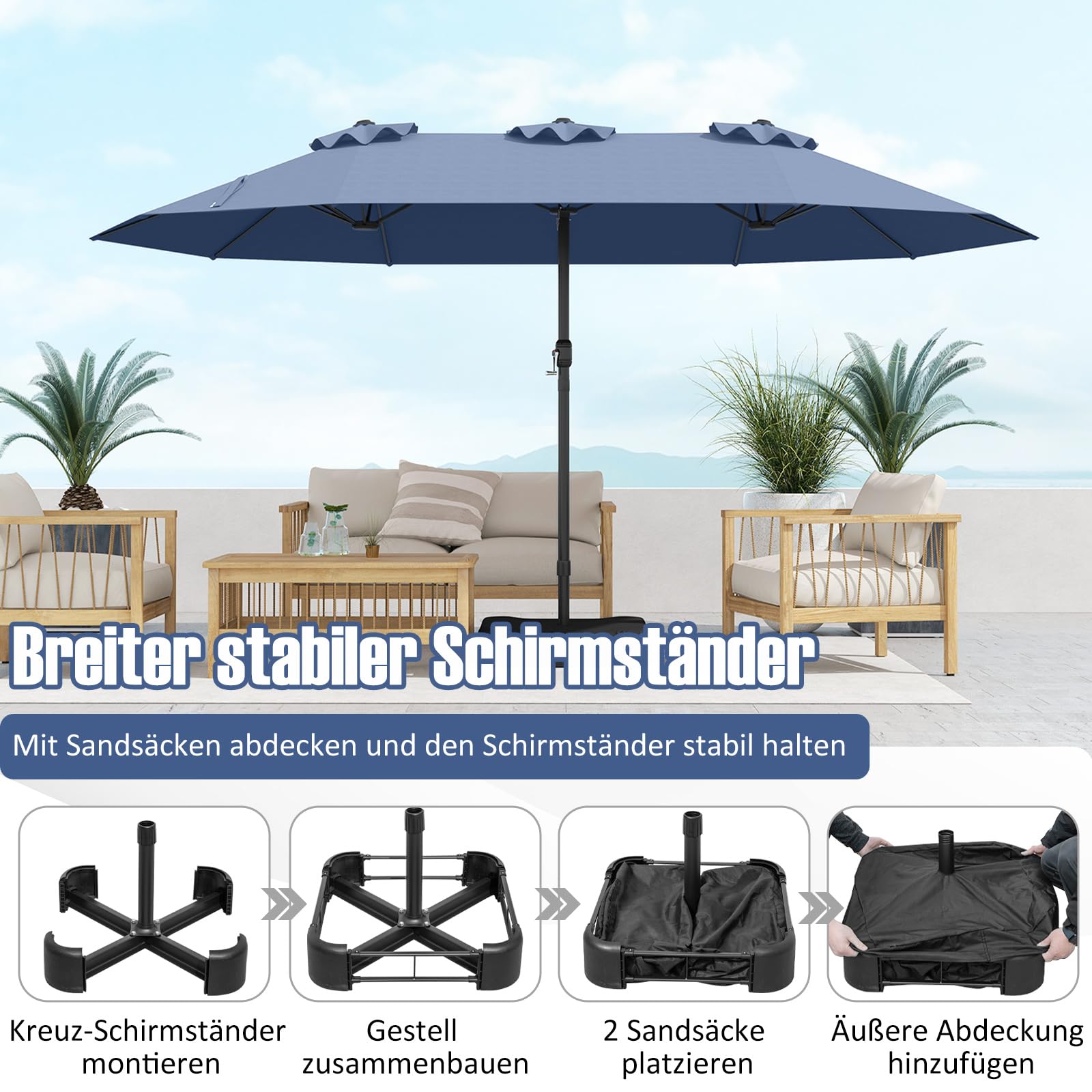 RELAX4LIFE Sombrilla Doble de 470 x 285 cm, Sombrilla Terraza Exterior con Manivela, Base, 2 Sacos de Arena y 12 Varillas, Parasol Impermeable con Protección UV para Jardín, Patio y Playa