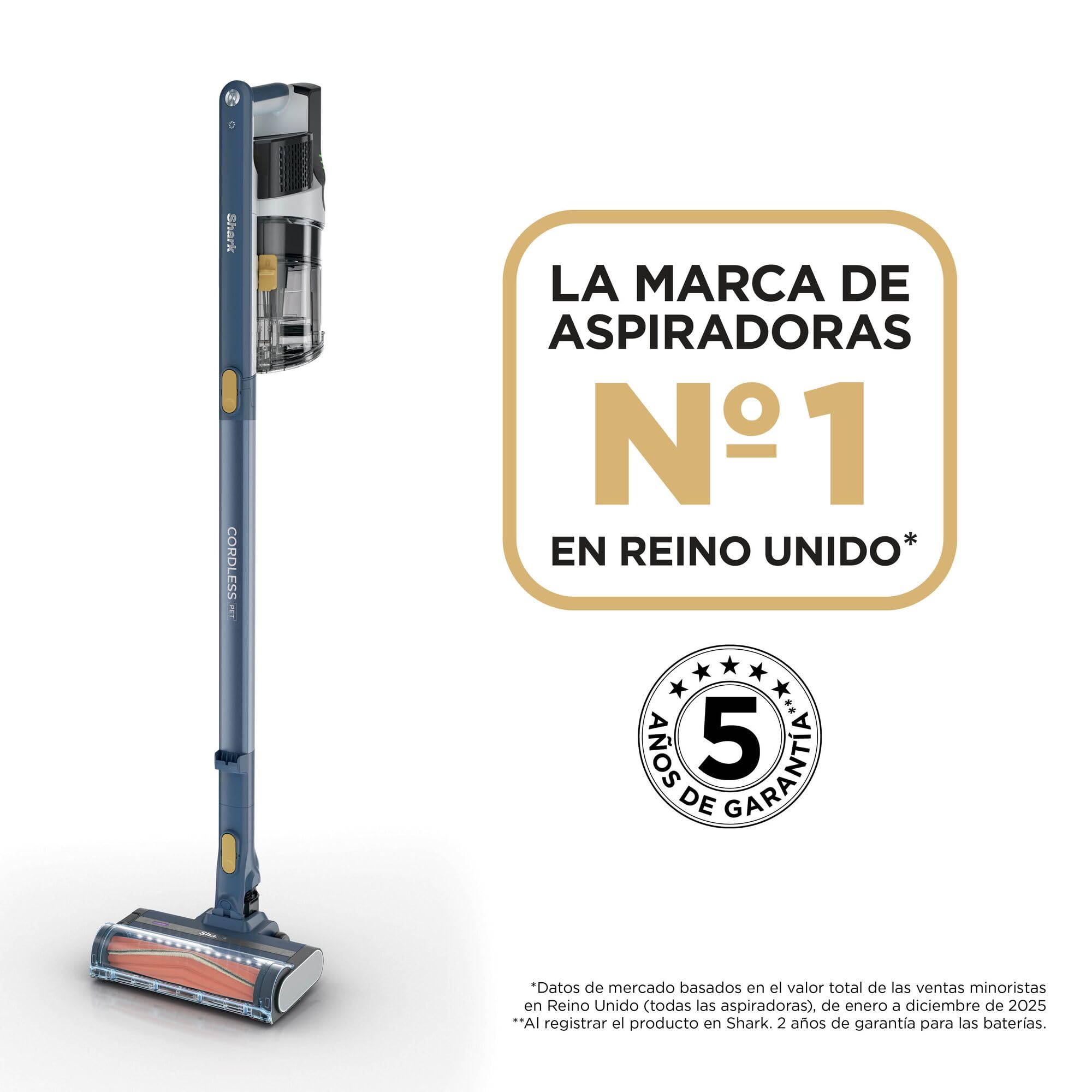 Shark aspiradora sin Cable, succión Potente, Anti Hair Wrap, FloorDetect, TurboPro Detect, hasta 40 min de autonomía, Boquilla Estrecha, HEPA + Anti-Allergen Complete Seal, Luces LED, Azul, IY143HEU