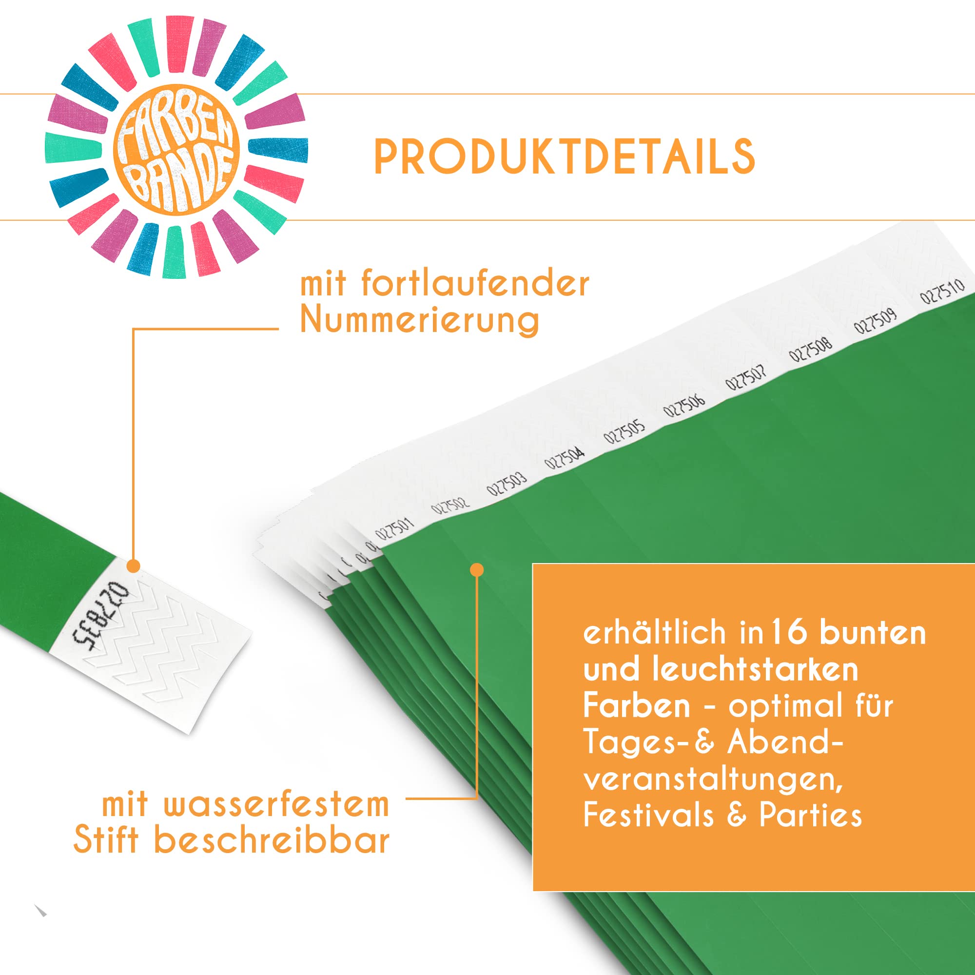 FARBEN BANDE® 1000 Einlassbänder Dunkelgrün/Eintrittsbänder 19mm aus Tyvek/Party Bändchen reißfest, wasserdicht und nummeriert/farbige Partybänder/Einlassbändchen für Party, Festival & Feste