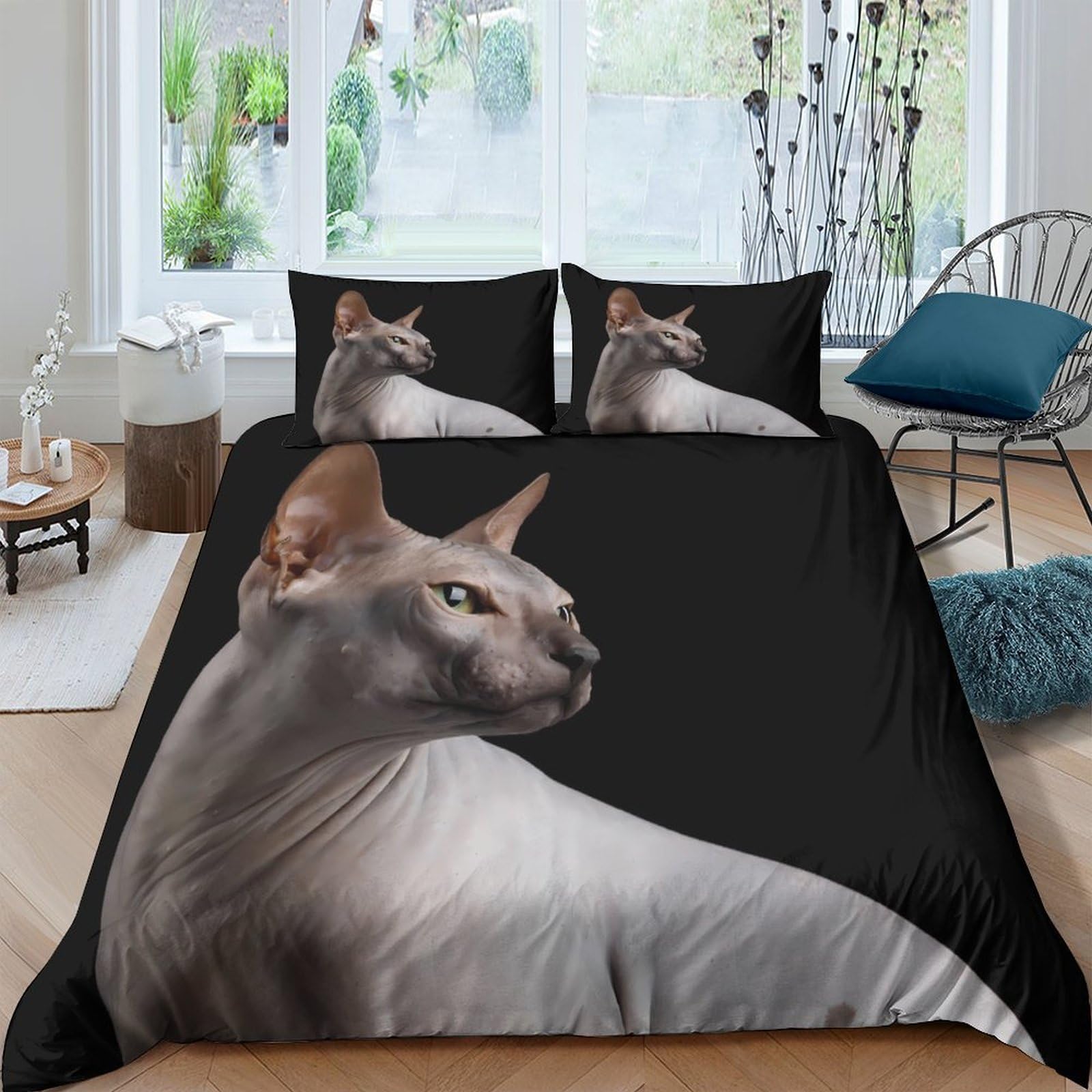 Ctjqhvkz Style-1 3D Printed Sphynx Cat Black Fitted Sheet Microfiber Soft Bedroom Decor Modern Animal Mattress Cover For Home Dorm Single（135X200cm）