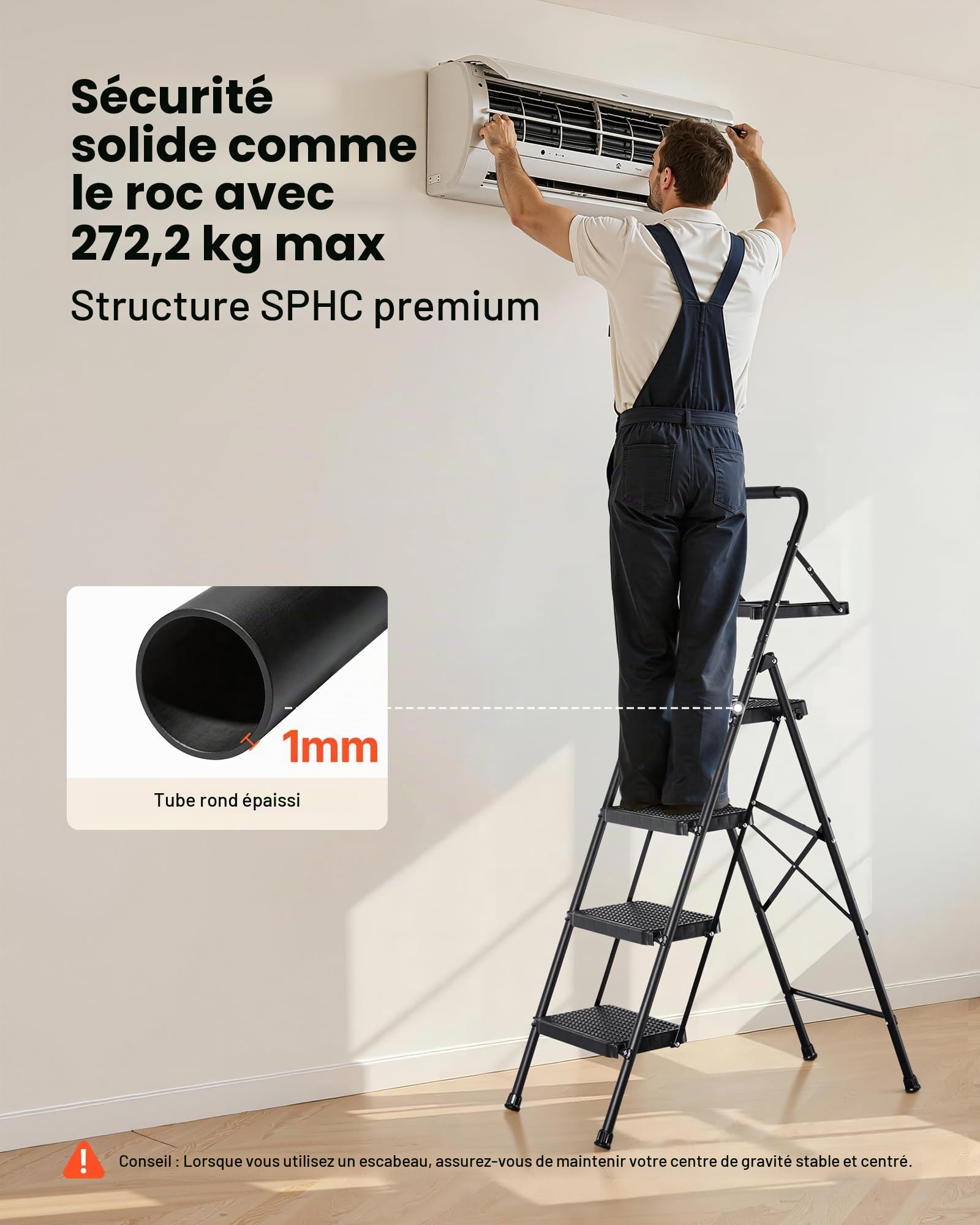 VEVOR Escabeau Pliant 4 Marches Marchepied Pliable Charge 272 kg Échelle Domestique Acier pour Cuisine, Bureau, Travaux Ménagers, avec Large Marche Antidérapante, Plateau Porte-Outils, Poignée, Noir