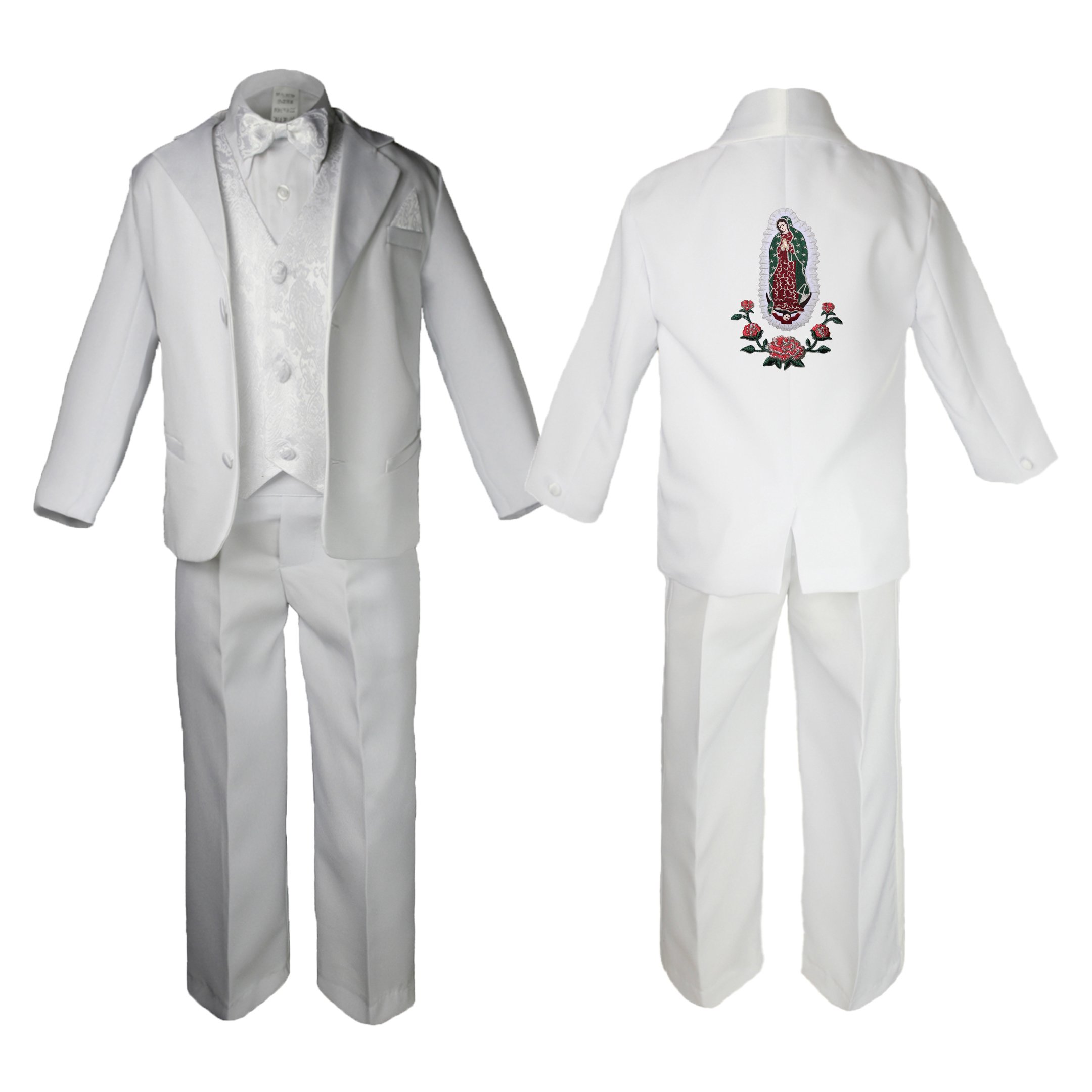 Baby Boy Christening Baptism First Communion Formal White Paisley Suit Silver Guadalupe Maria on Back SM-20