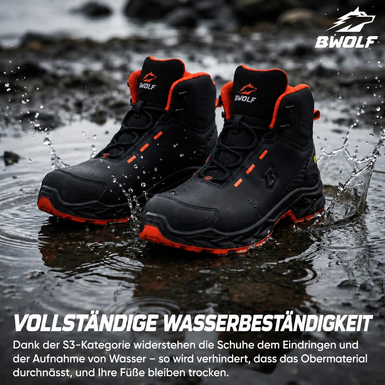 BWOLF Falcon HI S3S Arbeitsschuhe Herren – Schwarzes Glattleder, Aluminiumkappe, Kevlar-Zwischensohle, ESD-Schutz
