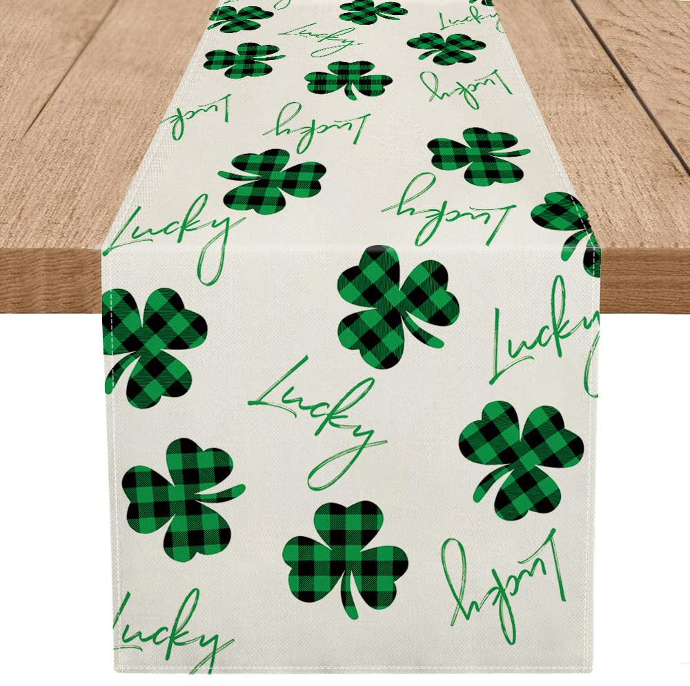 GPGHE St Patricks Day Table Runner Lucky Buffalo Plaid Shamrock Green Burlap Spring Holiday Kitchen Dining Banquet Indoor Outdoor Decorations Family Party Decor 13x72 Inch