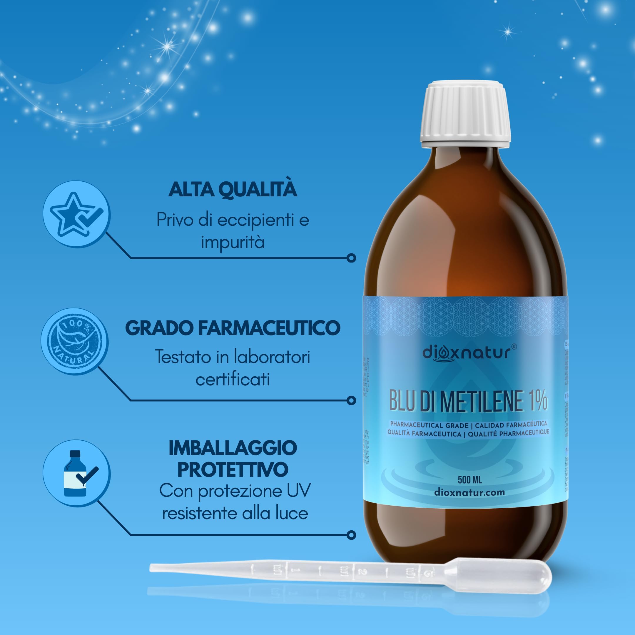 Blu di Metilene Soluzione 1% USP Qualità Farmaceutica 500 ml con Pipetta Marca Spagnola