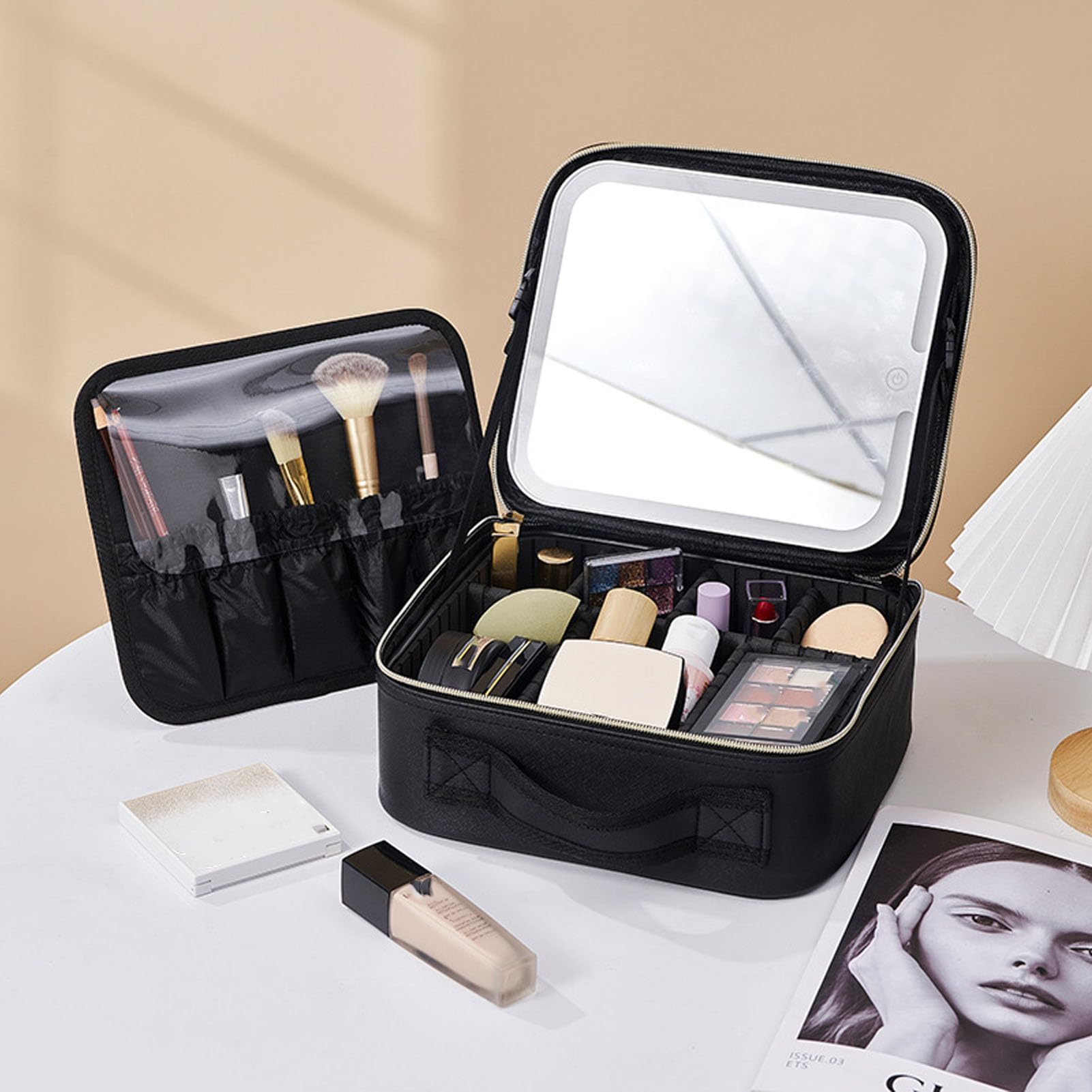 Reise-Make-up-Tasche mit LED-beleuchtetem Spiegel,Make-up-Etui, Reise-Kosmetiktaschen, Pinsel-Organizer,Aufbewahrungsbox mit Spiegel mit 3Farblichtern und Verstellbaren Trennwänden