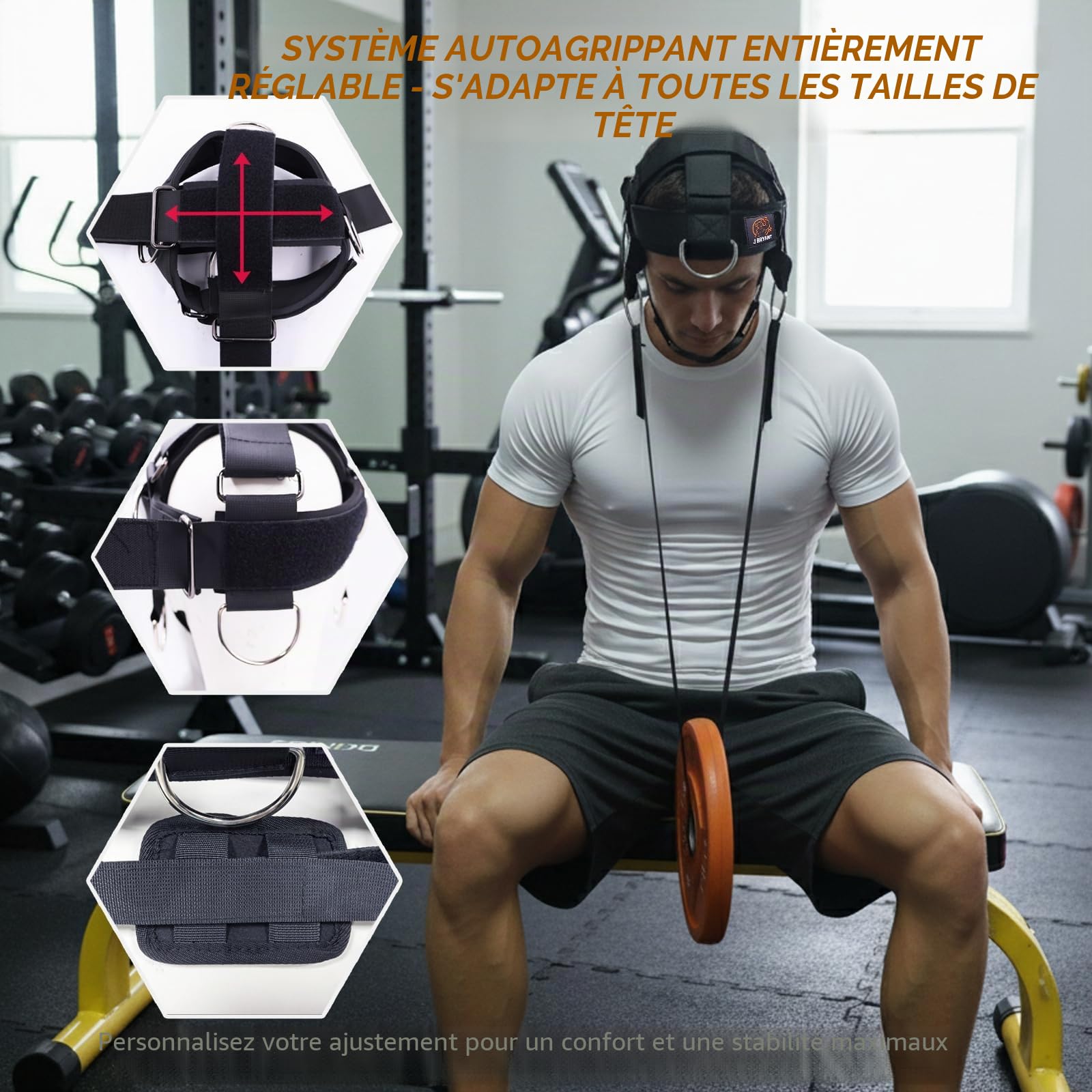 J Bryant Harnais de cou avec système de poulie pour entraînement de résistance – Entraîneur de force du cou à 360° pour salle de sport et entraînement à domicile, harnais de tête réglable avec