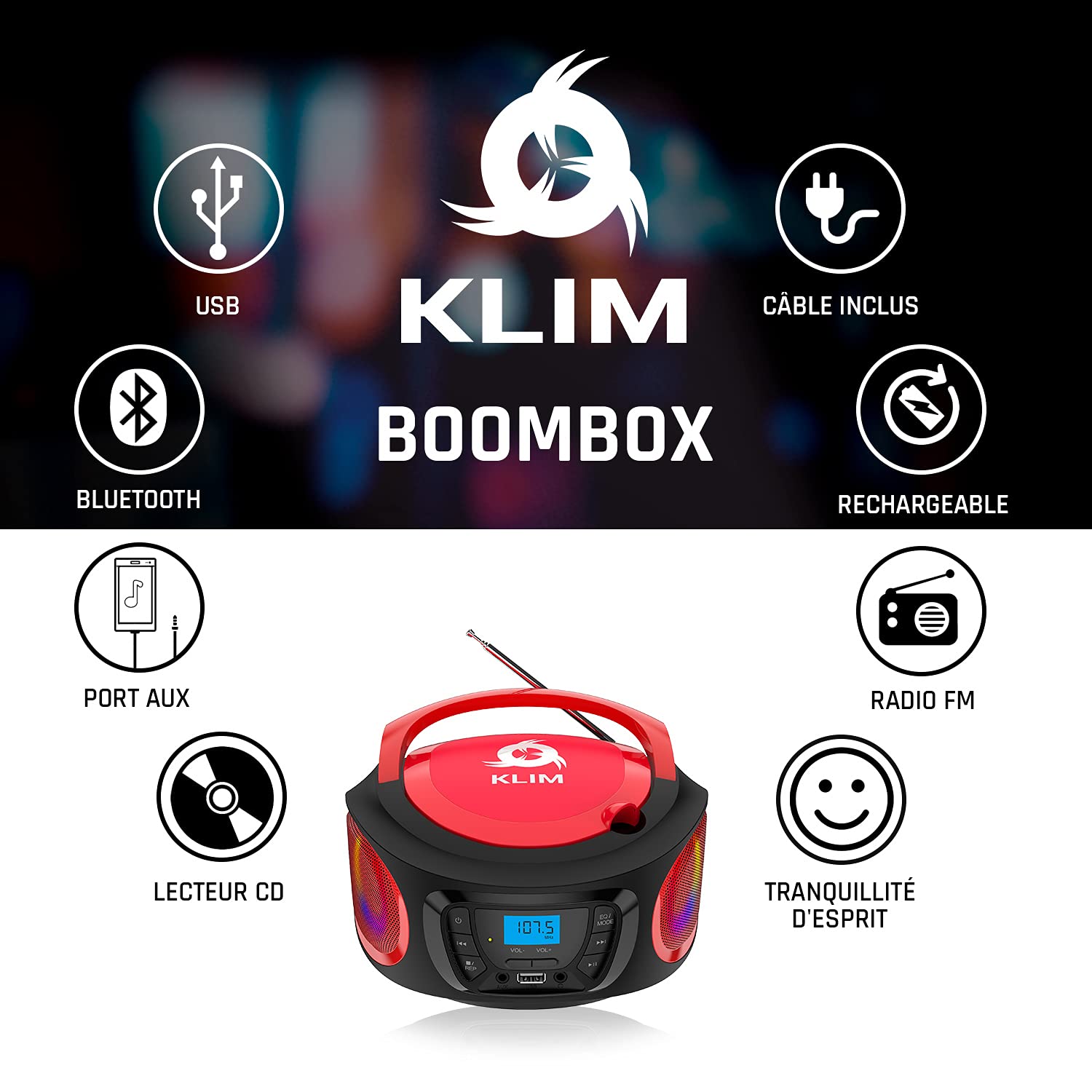 KLIM Boombox Poste Radio CD -Radio FM, Poste CD Bluetooth, MP3, USB, AUX - Piles Rechargeable Incluses - Modes Filaire et sans Fil - Compact et Robuste Lecteur CD Portable- Rouge