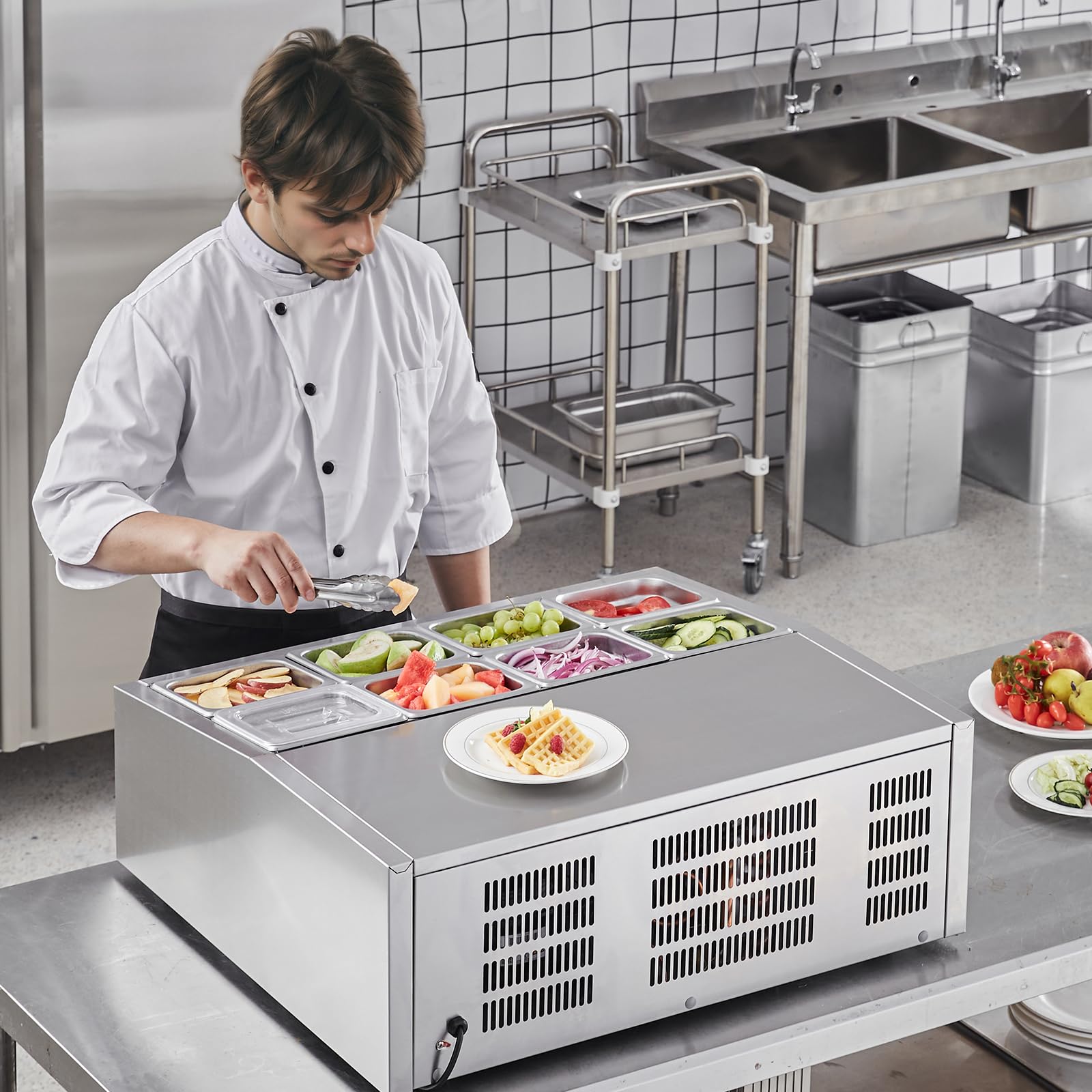 VEVOR Estación de Preparación de Condimentos Refrigerada, Estación de Condimentos Refrigerada para Encimera de 145 W, Mesa de Preparación con Protector de Acero Inoxidable de 760 x 670 x 280 mm