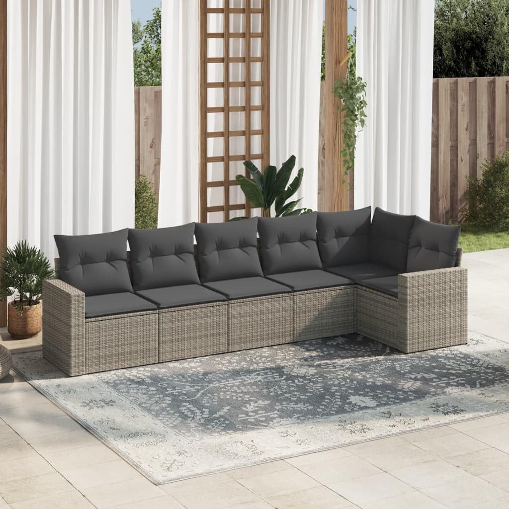 Set divano da giardino 6 pezzi con polyrattan grigio, cuscini sfoderabili e lavabili, seduta angolare modulare con funzione di conservazione per terrazzo, patio, cortile e veranda relax