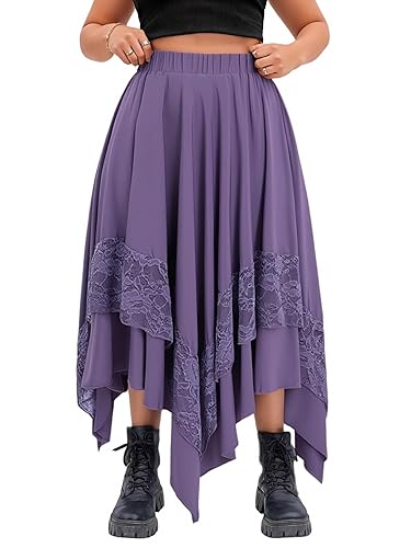 Verdusa Women's Renaissance Flowy Fairy Skirt Y2k Contrast Lace Layered Asymmetrical Midi Skirts - 3X-Large Plus - Dark Purple