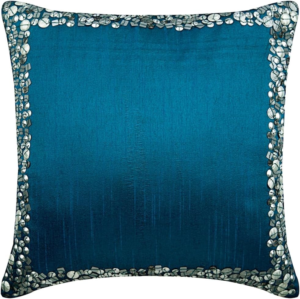 The HomeCentric Throw Pillow Cover, Royal Blue Pillows Cover, 3D Metallic Sequins Bordered Pillows Cover, 18x18 inch (45x45 cm) Square Silk Pillows Cover, Bordered - Royal Blue & Silver