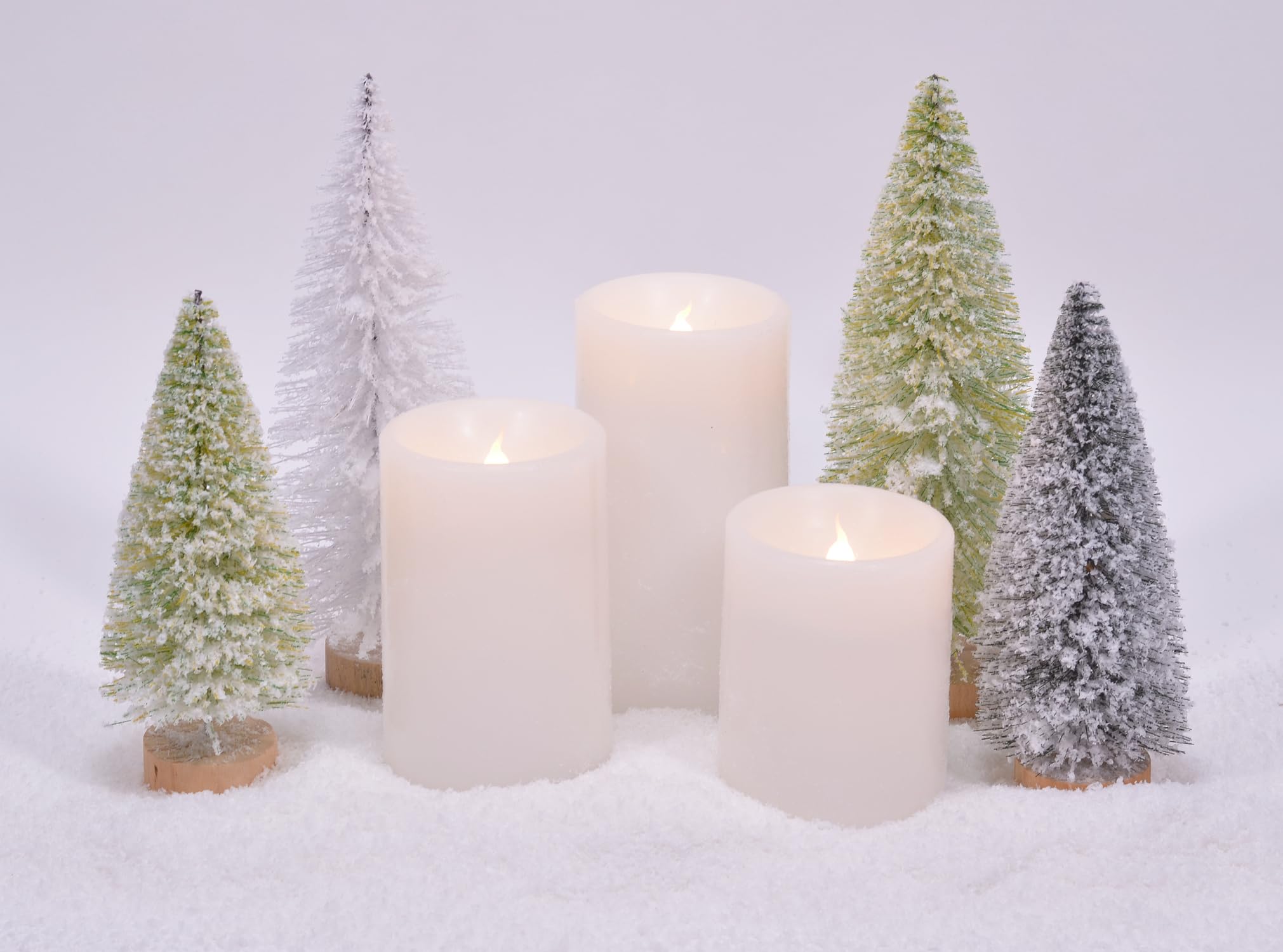 Set di 8 candele a LED senza fiamma, con albero di sisal e cera, 8 pezzi, 20,3 cm, bianco e verde con neve artificiale
