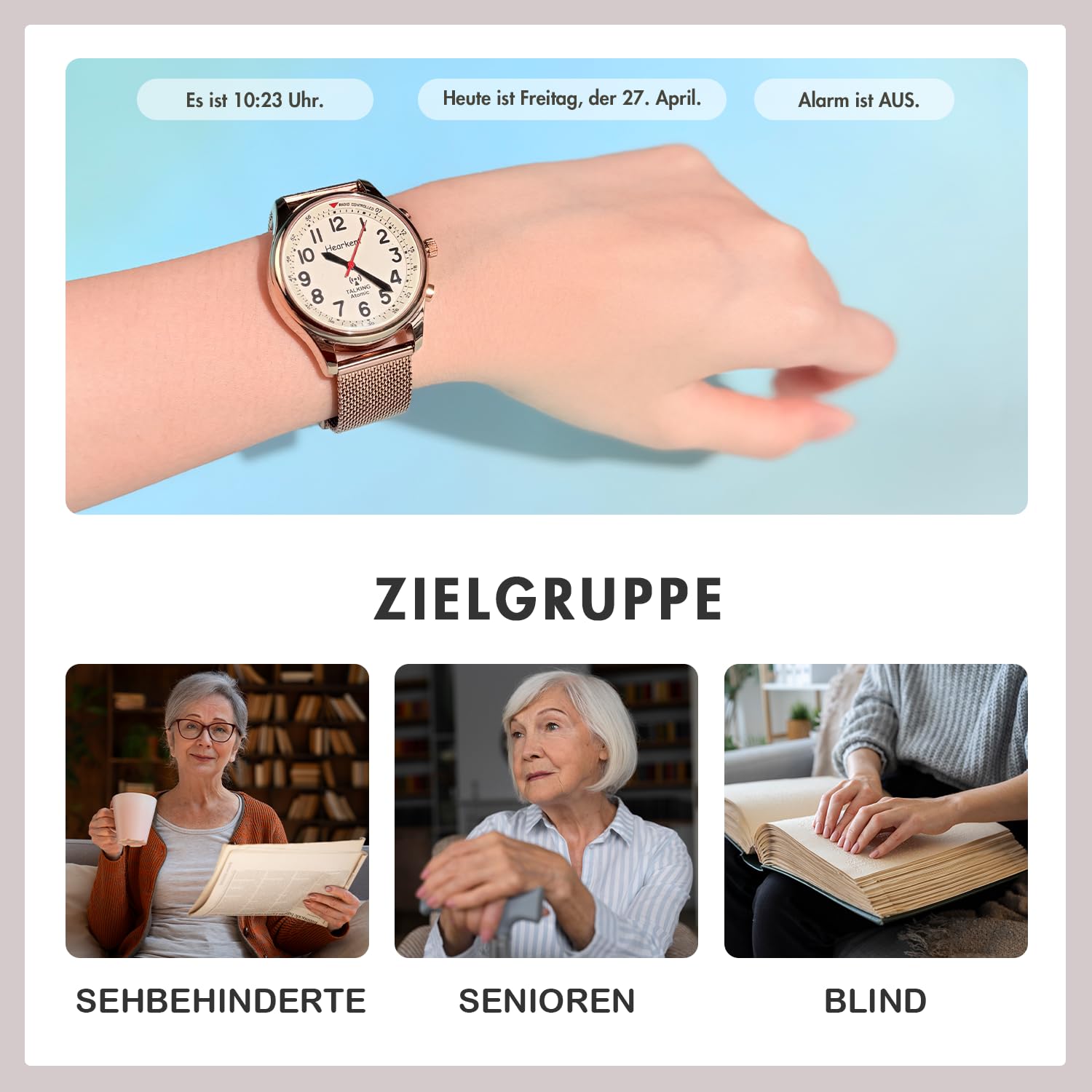 Hearkent Damen Sprechende Uhr, Laute und Klare Deutsche Sprachfunktion | Funk-Sprechuhr Analoge Armbanduhr für Senioren, Blinde und Menschen mit sehbehinderte