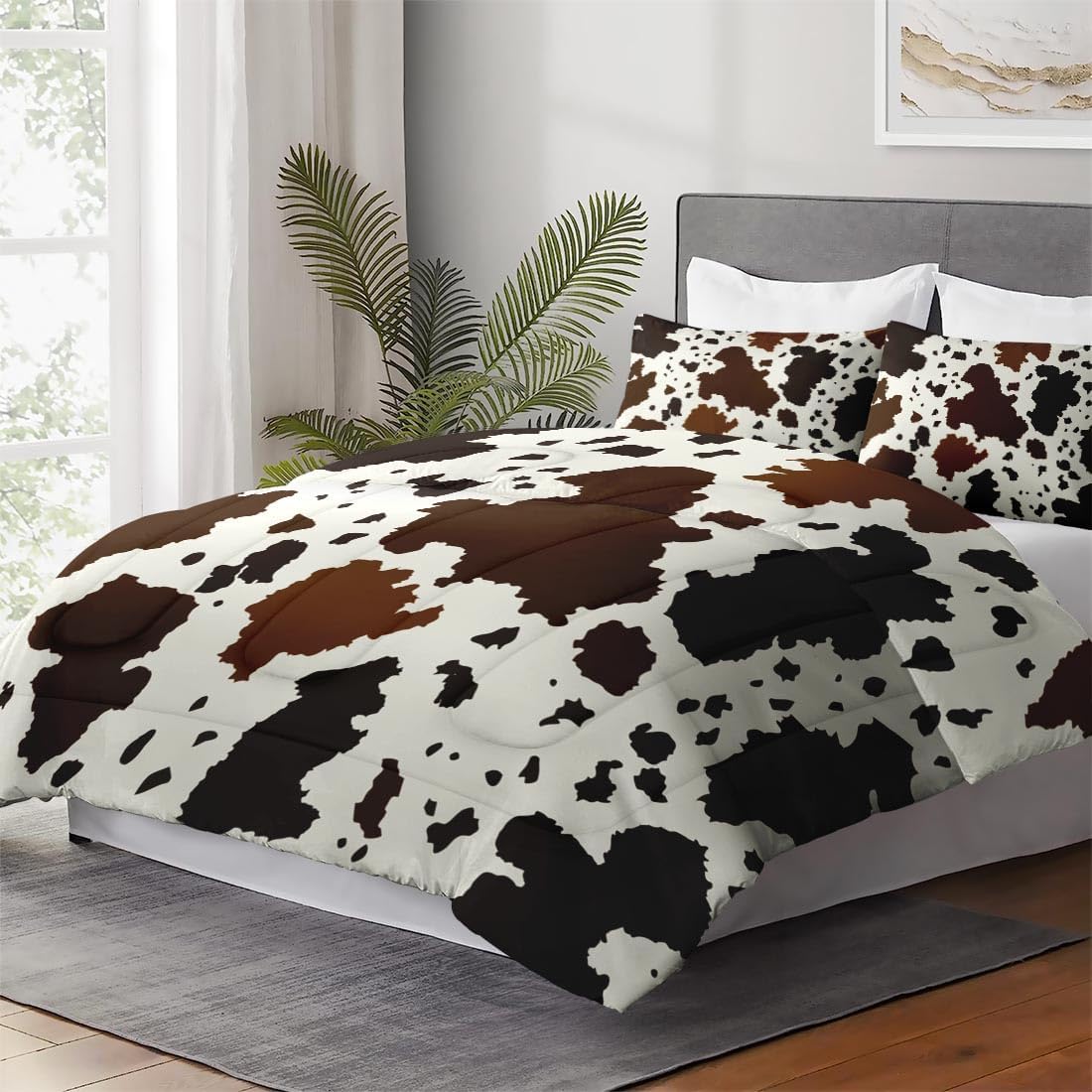 Queen Size Comforter Set with 2 Pillowcases, Vintage Cow Brown Cowhide Animal Soft 3 Pcs Bedding for Kids and Adults Bedroom Bed Decor - Image 4