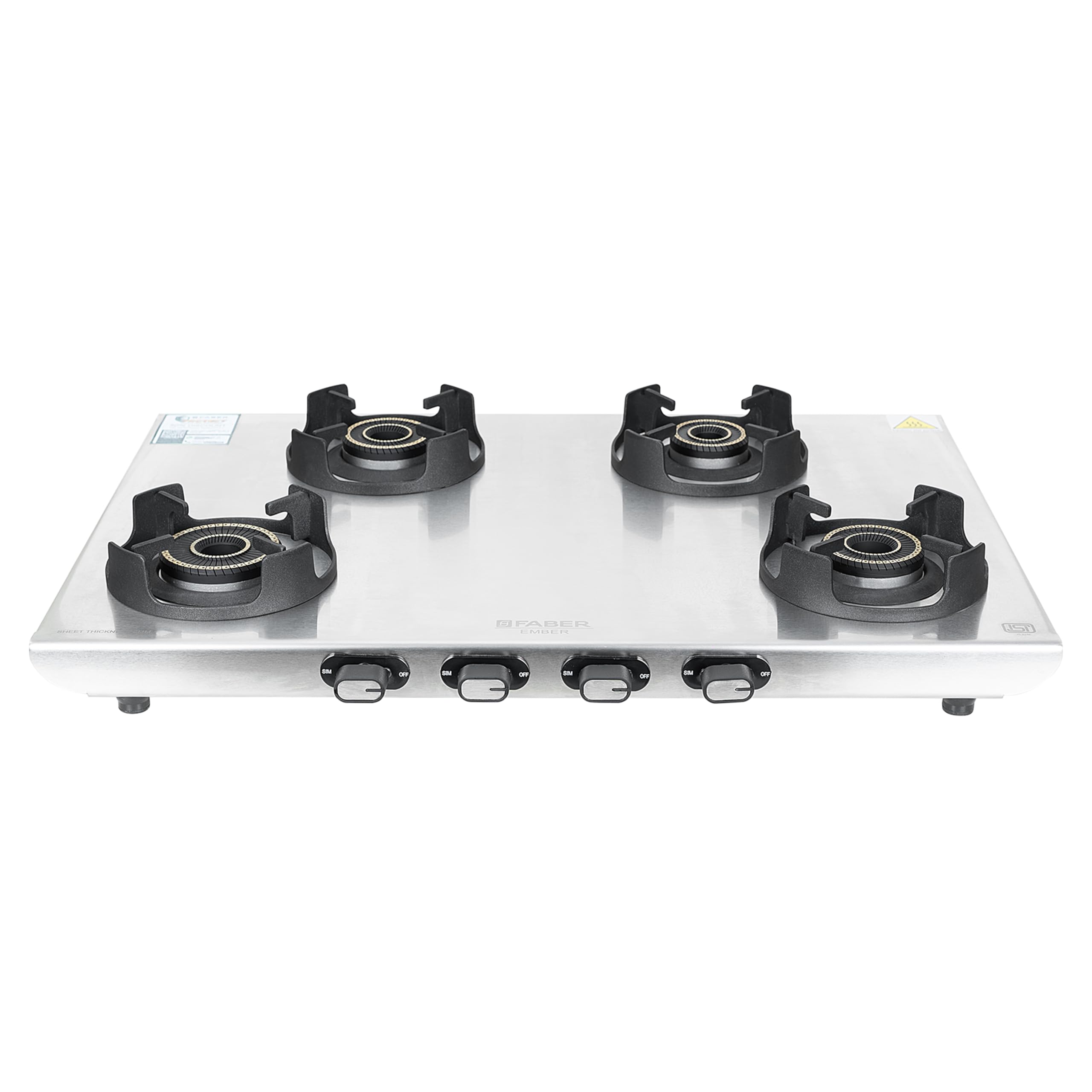 Faber Ember Stainless Steel Cooktop | 4 Brass Burners (Jumbo, 2Medium & Small |Manual Ignition | Diamond-Coated Pan Support |Cooktop Ember 4BB SS CI (4 Burner)