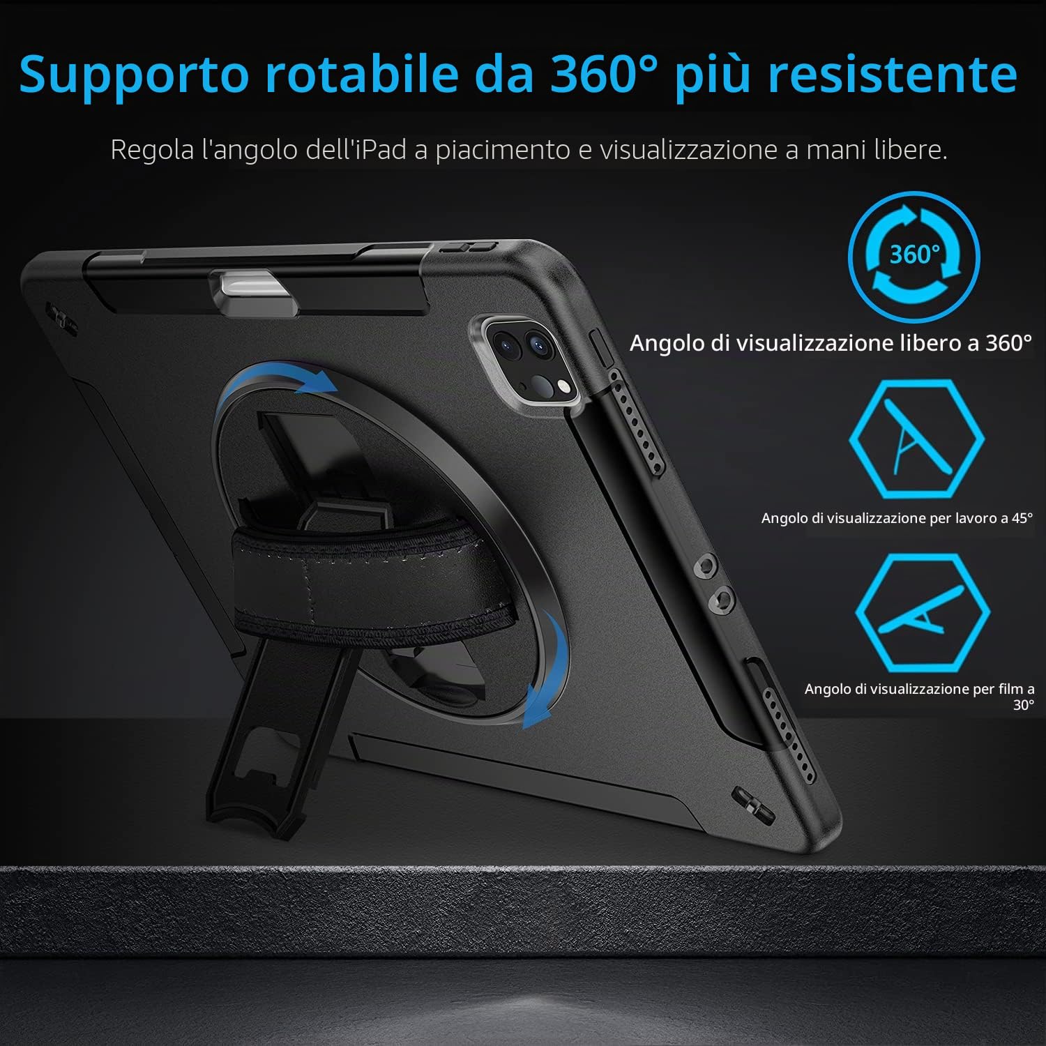 Miesherk Custodia Case iPad Pro 12.9 2022/2021: Militaire Protettiva Antiurto a 3 Strati per iPad Pro 12.9 6th/5th generazione-Portapenne-Supporto Rotante-Tracolla per Spalla e Cinghie a Mano-Nero
