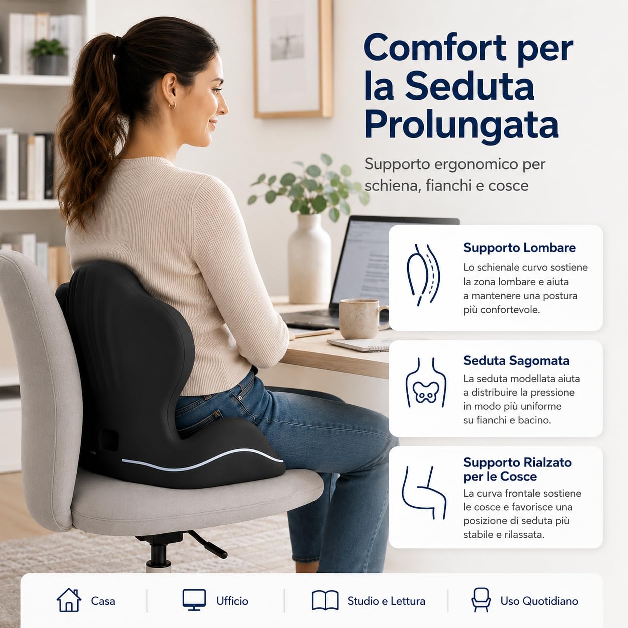 Generico Cuscino ergonomico per sedile e supporto lombare, schienale in memory foam a forma di L per sedia da ufficio, auto e casa, correttore di postura integrato con fodera lavabile (Grigio scuro)
