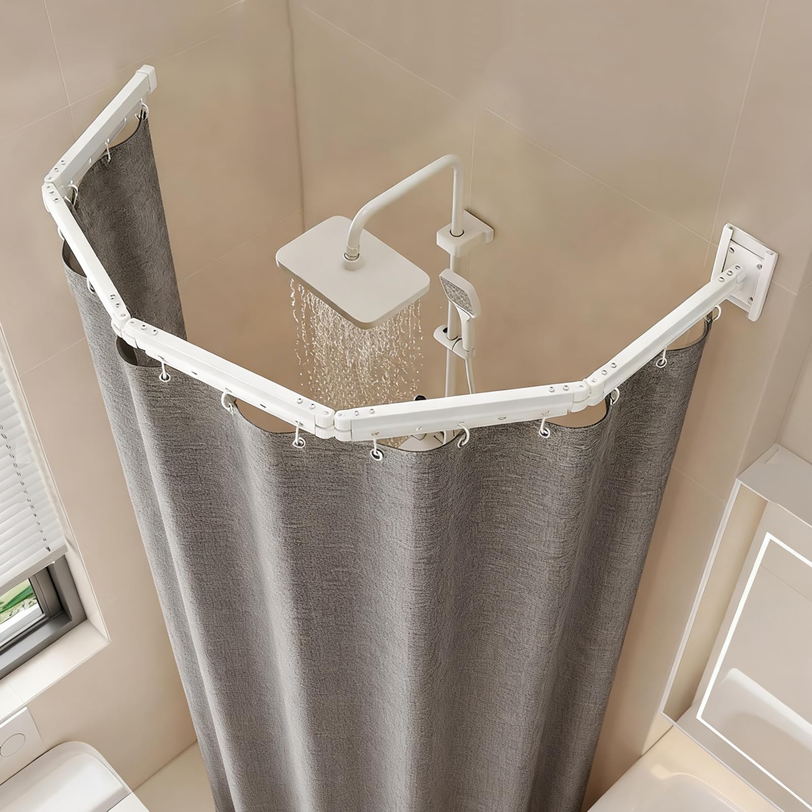 Tringle à rideau de douche pliable sans perçage, 5 positions pliable et rotative, en alliage d'aluminium avec rideau de douche imperméable anti-moisissure 180 x 200 cm, pour salle de bain, baignoire