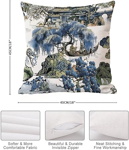 Miniatura 7 de Fundas de almohada asiáticas escénicas europeas chinoiserie, funda de almohada asiática, color azul y verde Kelly, funda de cojín de 18 x 18
