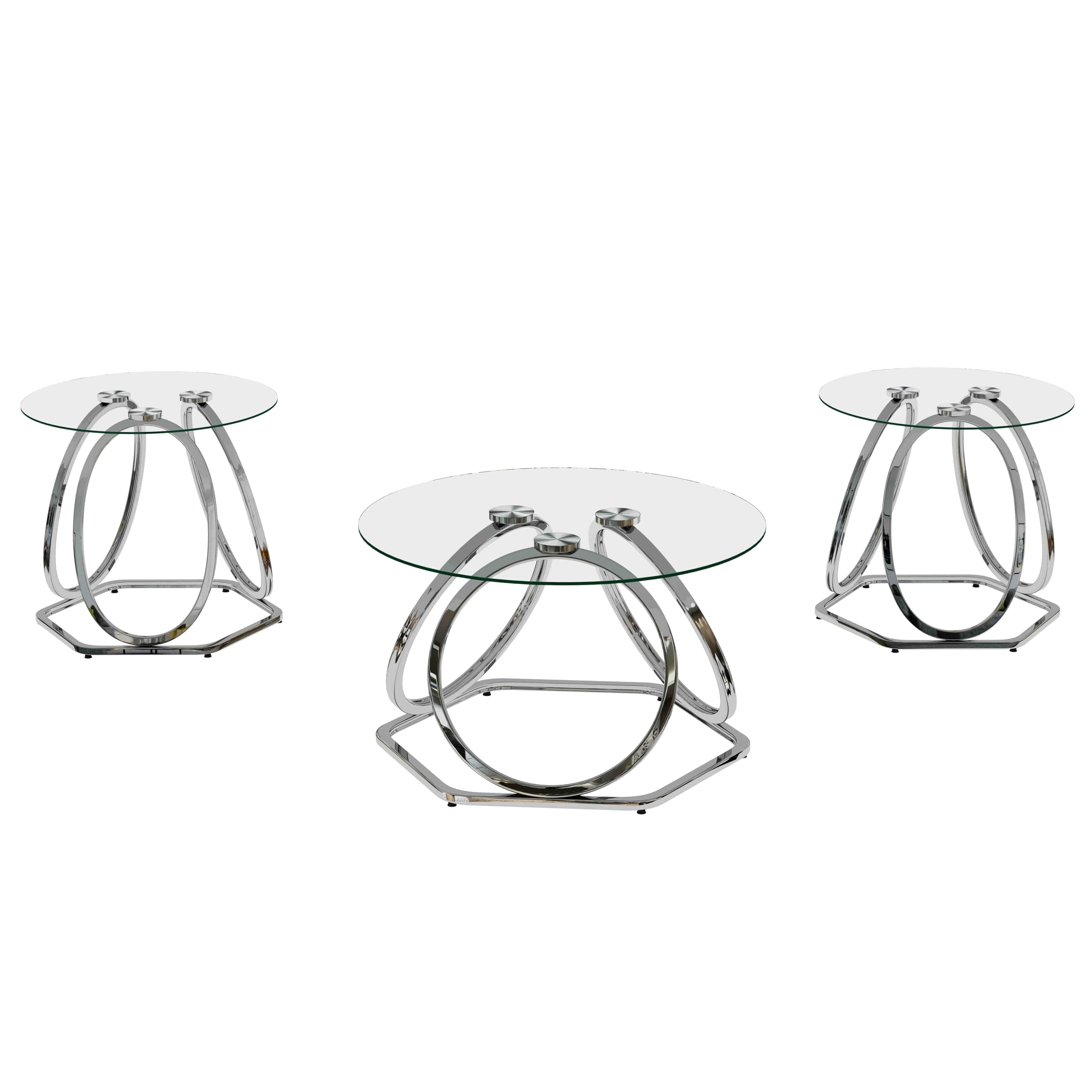 O&K FURNITURE Silver Coffee Table Set of 3,1 Glass Coffee Table and 2 Glass End Tables,Modern Round Glass Tables with Hexagonal Base, Made of Tempered Glass and Metal Frames,Chrome Finish