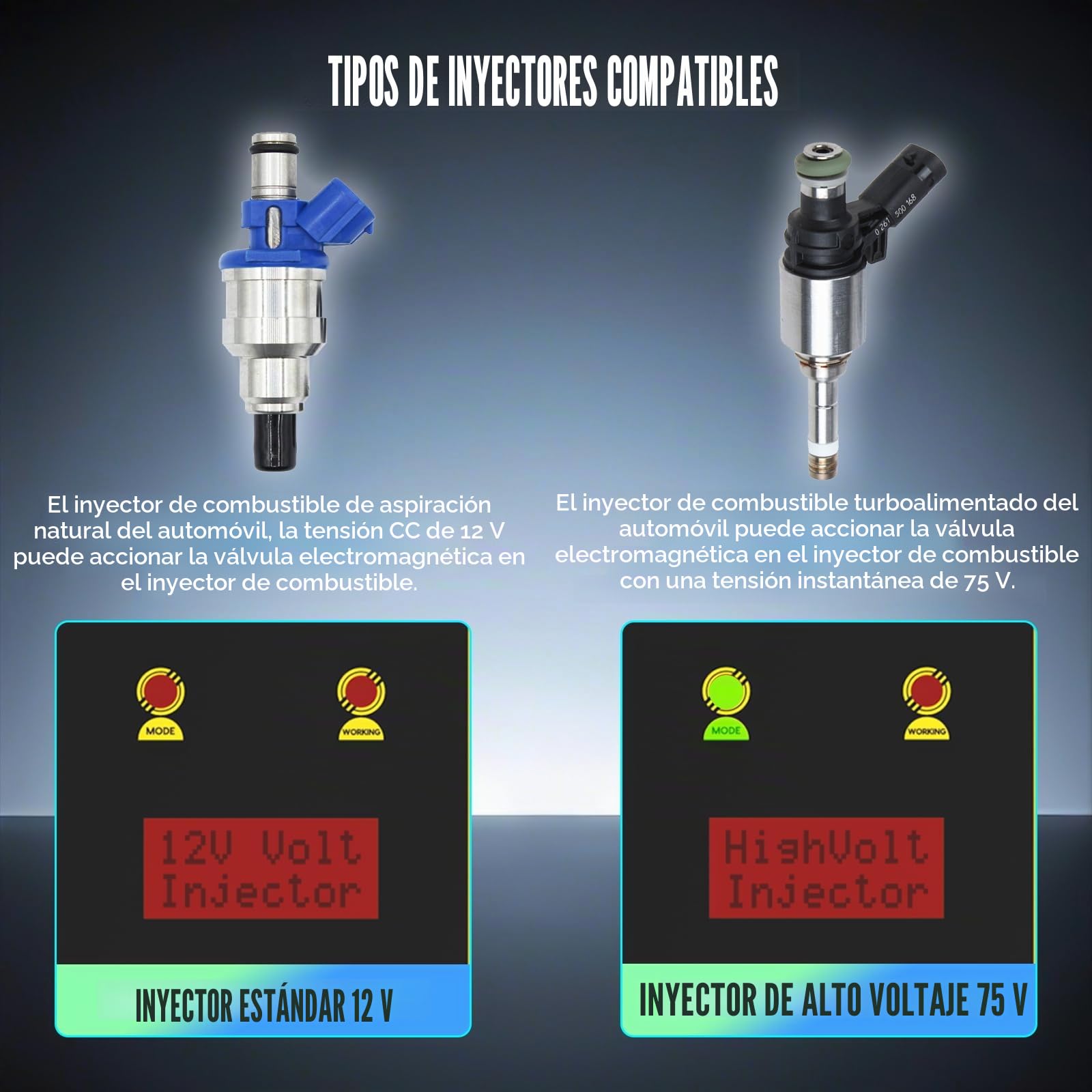 CT60 Probador y limpiador de inyectores de combustible, 12 V y 70 V, GDI sistema de inyección de combustible, ancho de impulso ajustable, velocidad y tiempo, prueba dos inyectores al mismo tiempo