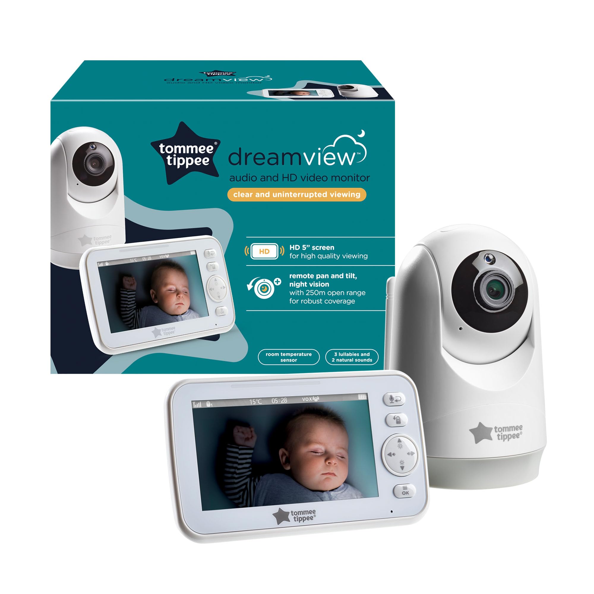 Tommee Tippee Dreamview Monitor de audio y video HD para bebé con cámara de visión nocturna y sonidos relajantes, recargable por USB, pantalla portátil de 5 pulgadas con rango de 250 m. | Audio de conversación bidireccional, pantalla portátil de 5 pulgada